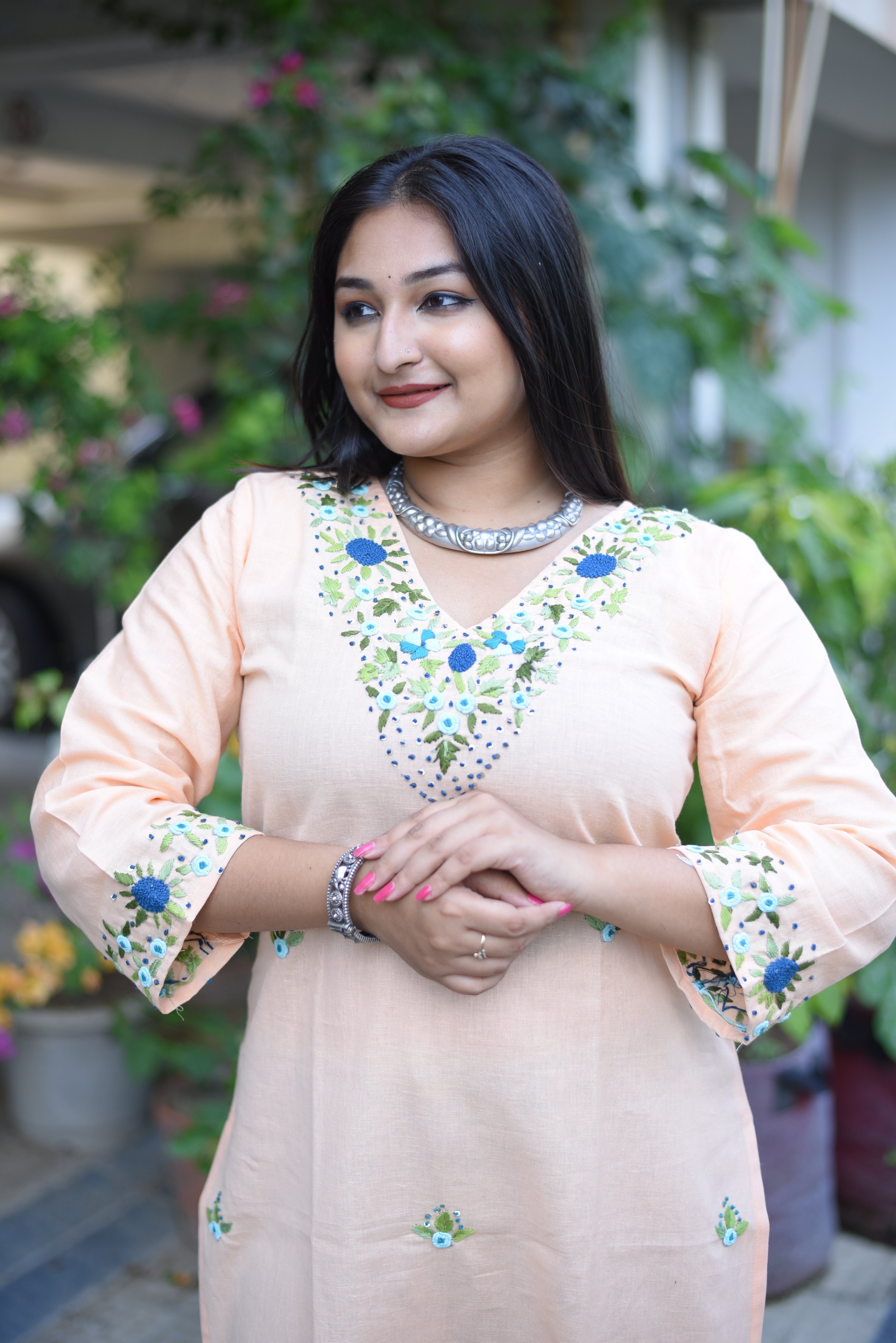 Peach Color Cotton Handwork Kurta