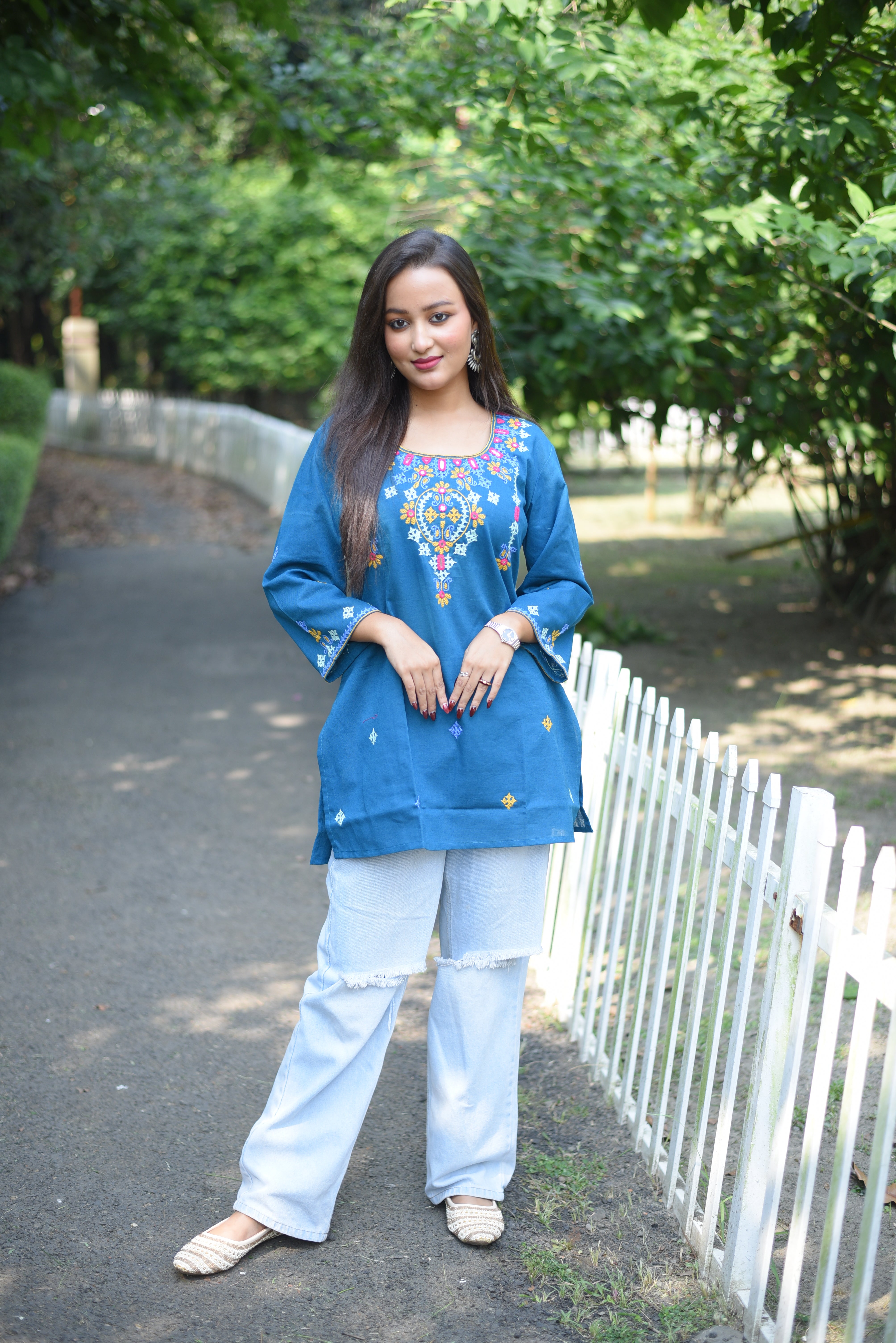 Turquise Color Hand Embroidered Cotton Kurti