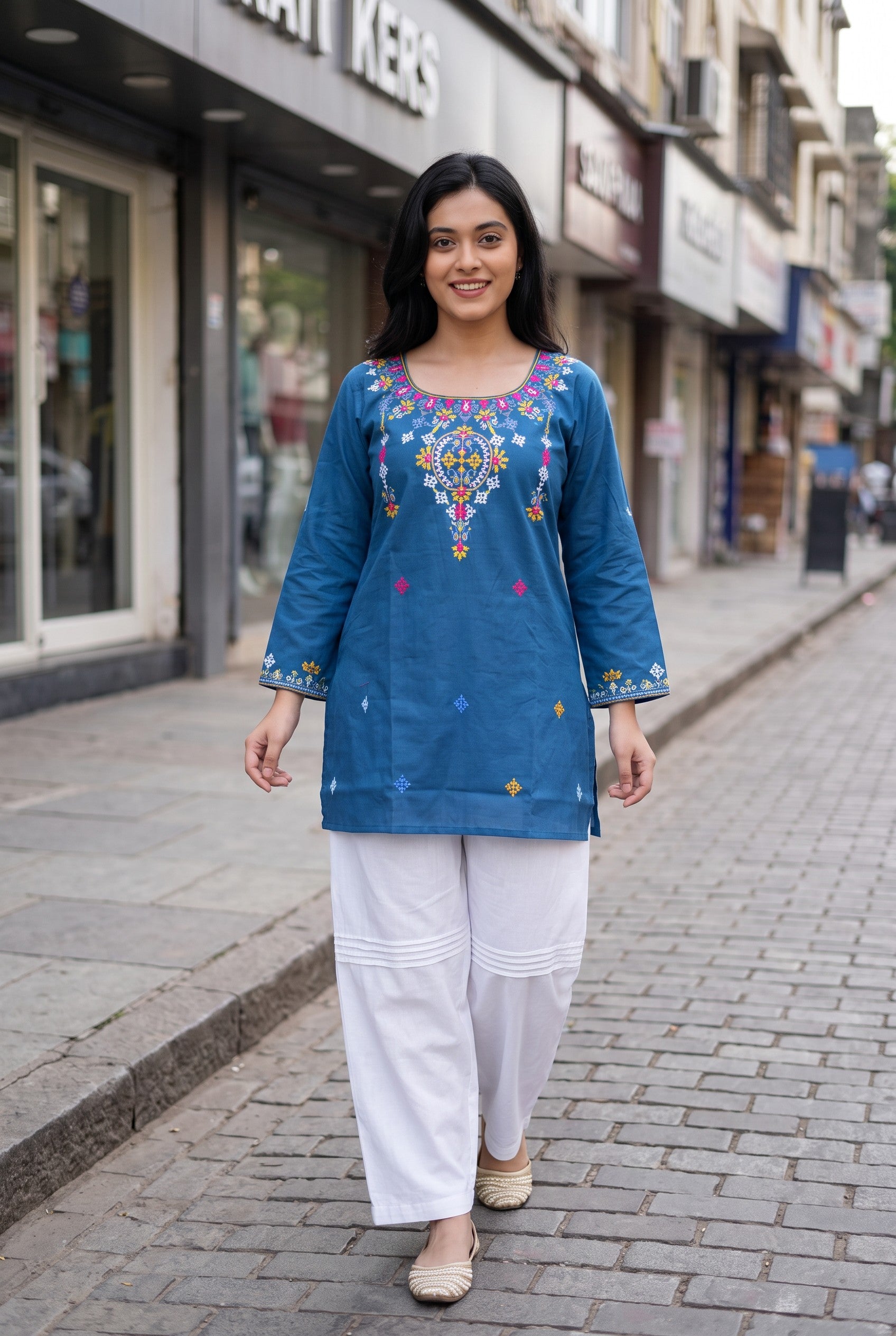 Turquise Color Hand Embroidered Cotton Kurti