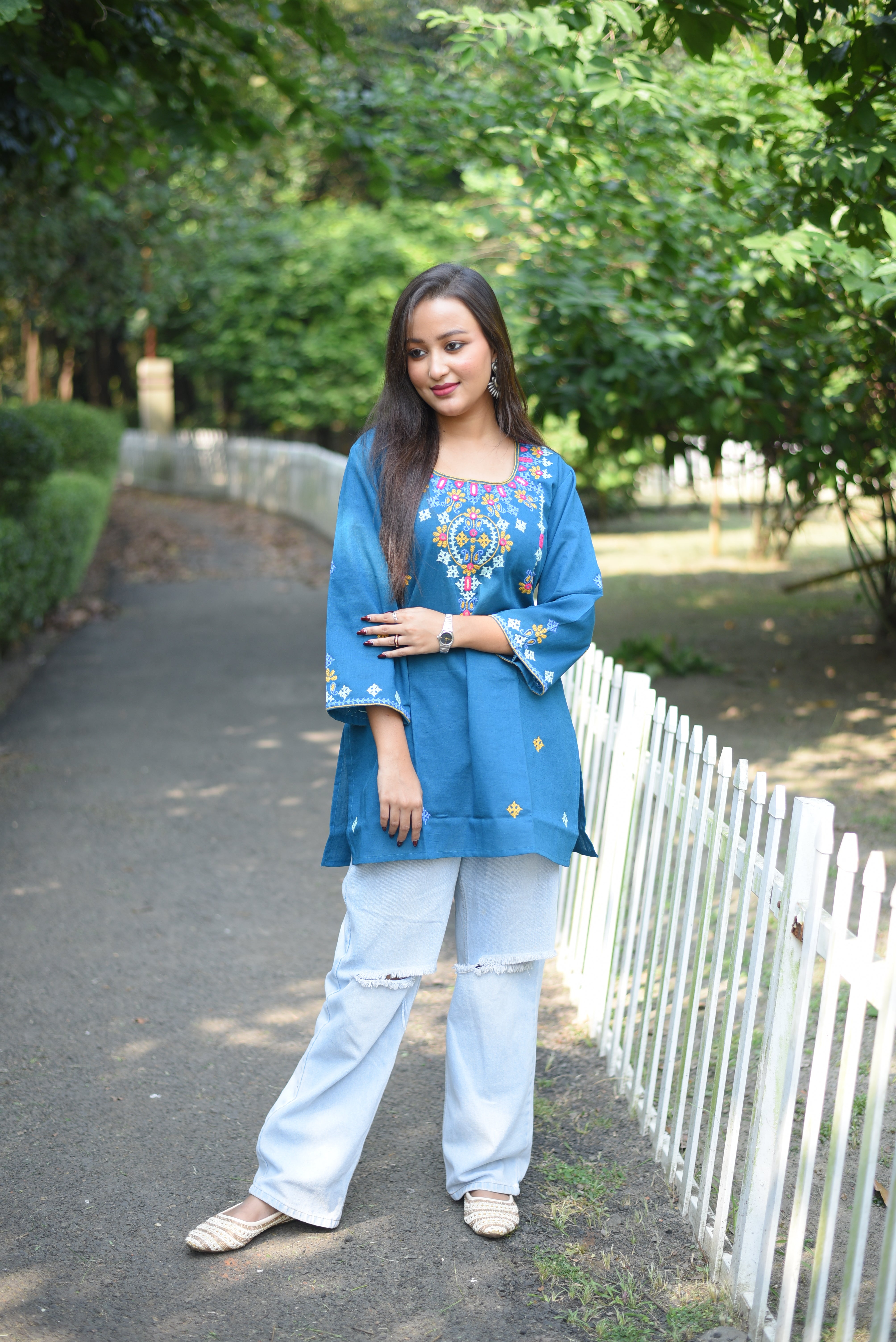 Turquise Color Hand Embroidered Cotton Kurti