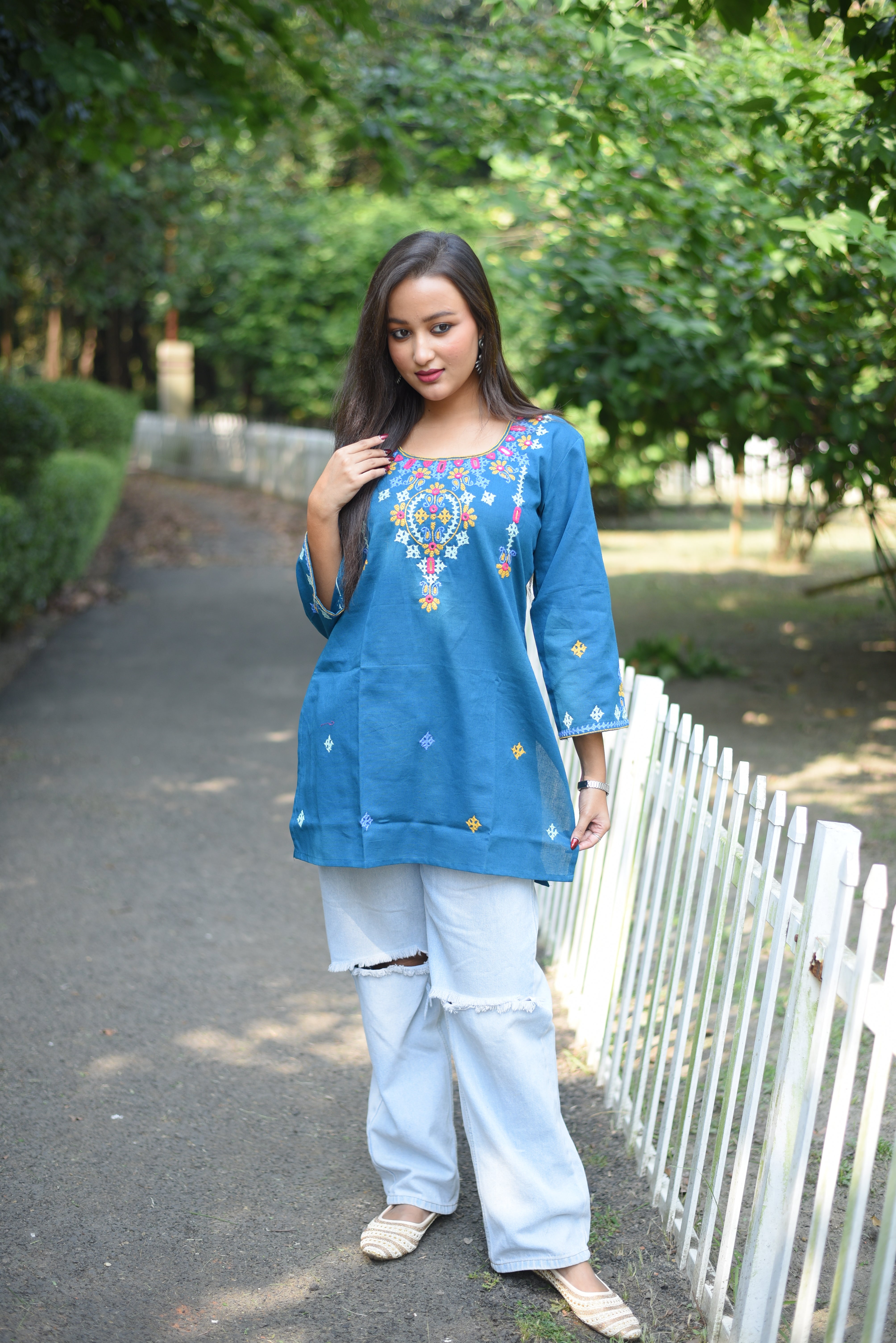 Turquise Color Hand Embroidered Cotton Kurti