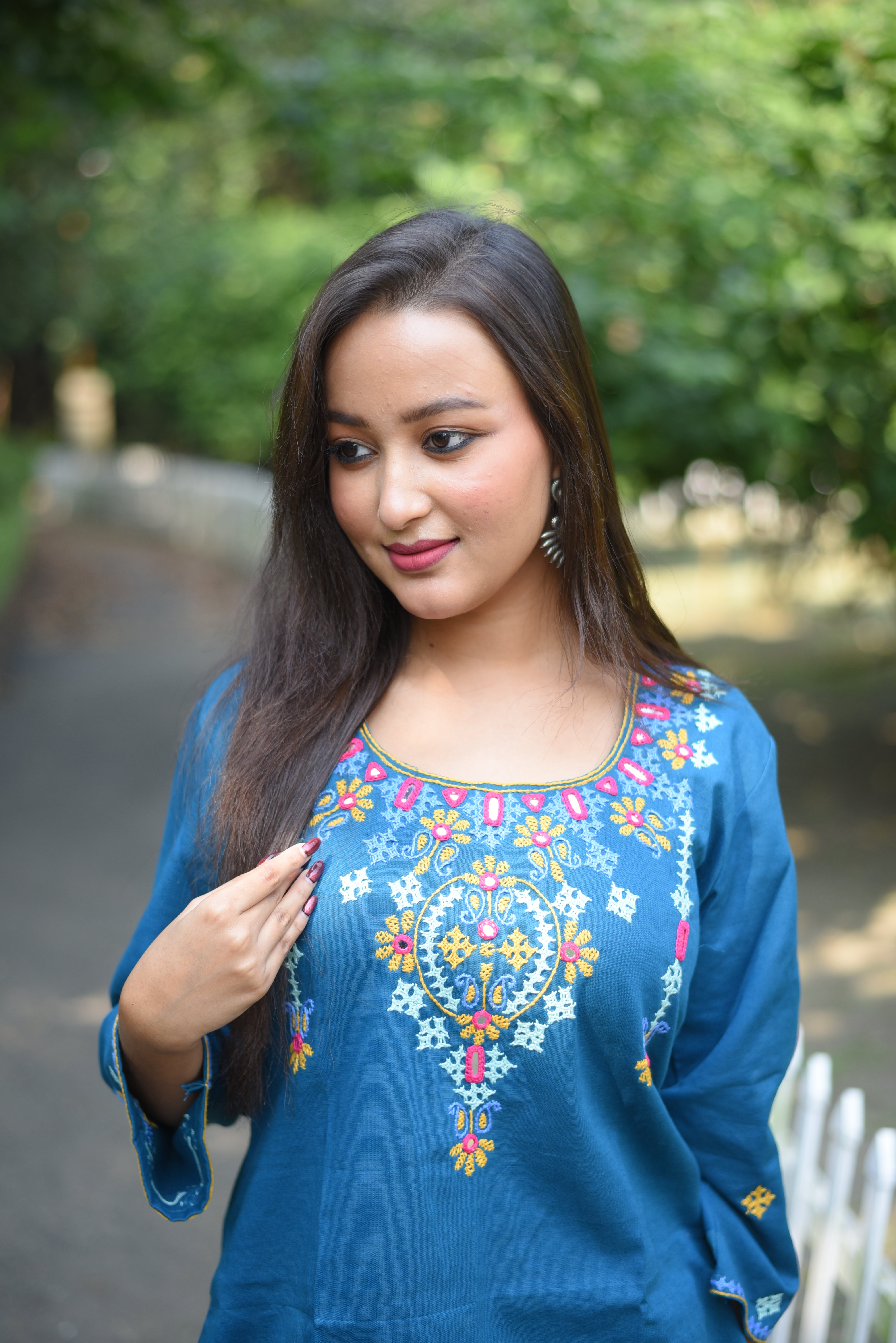Turquise Color Hand Embroidered Cotton Kurti