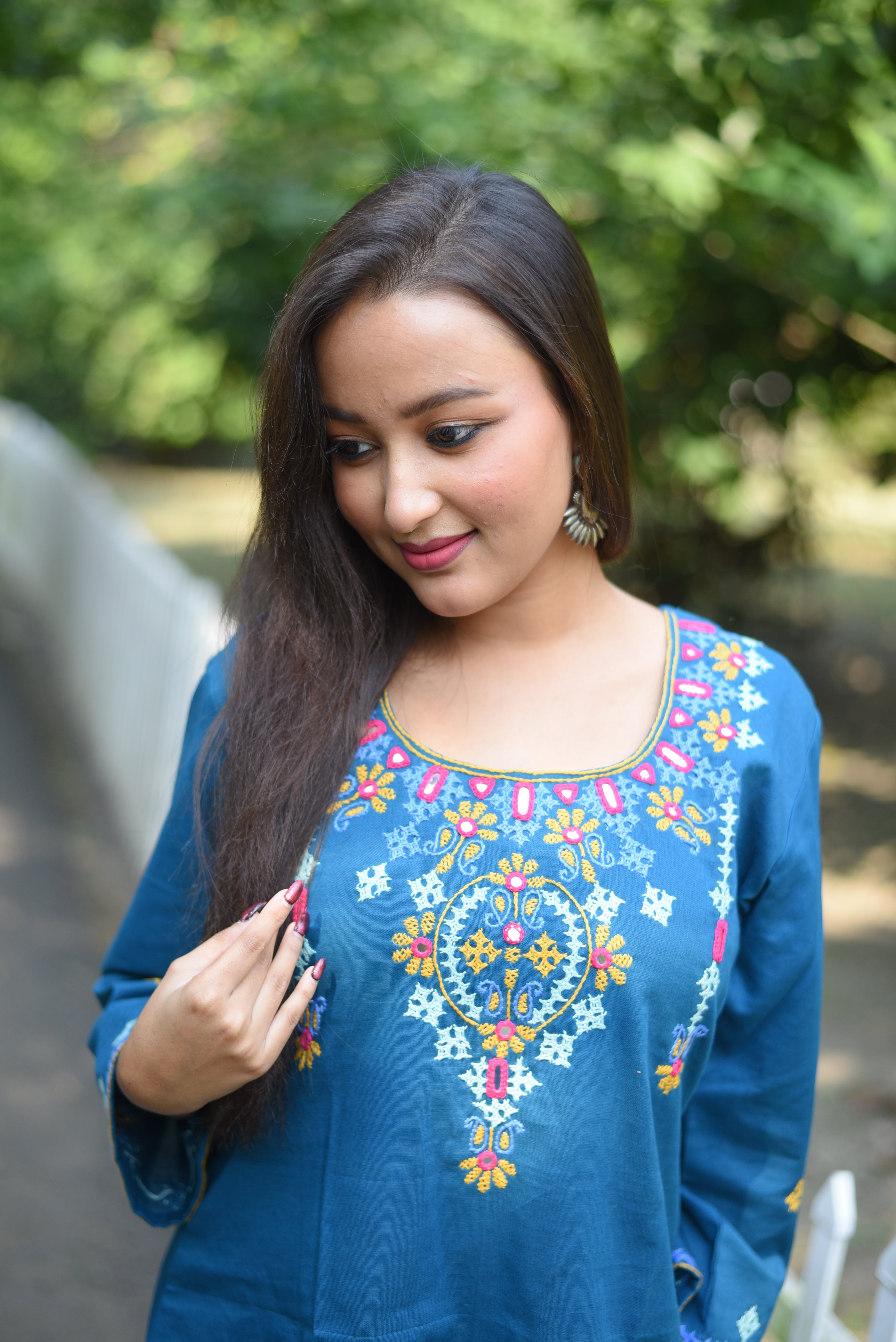 Turquise Color Hand Embroidered Cotton Kurti