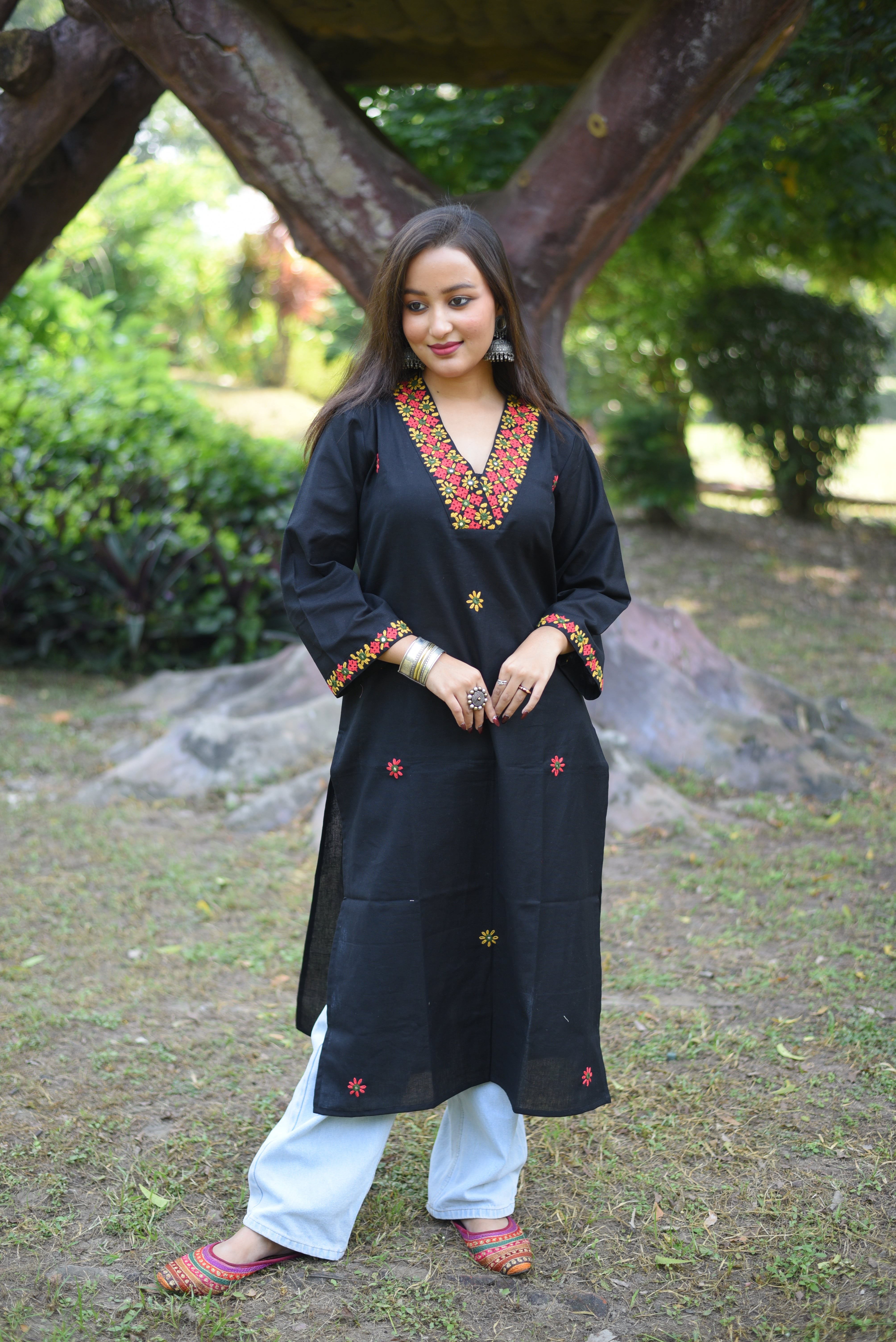 Black Cotton Belt Coller Hand Enbroidered Kurta