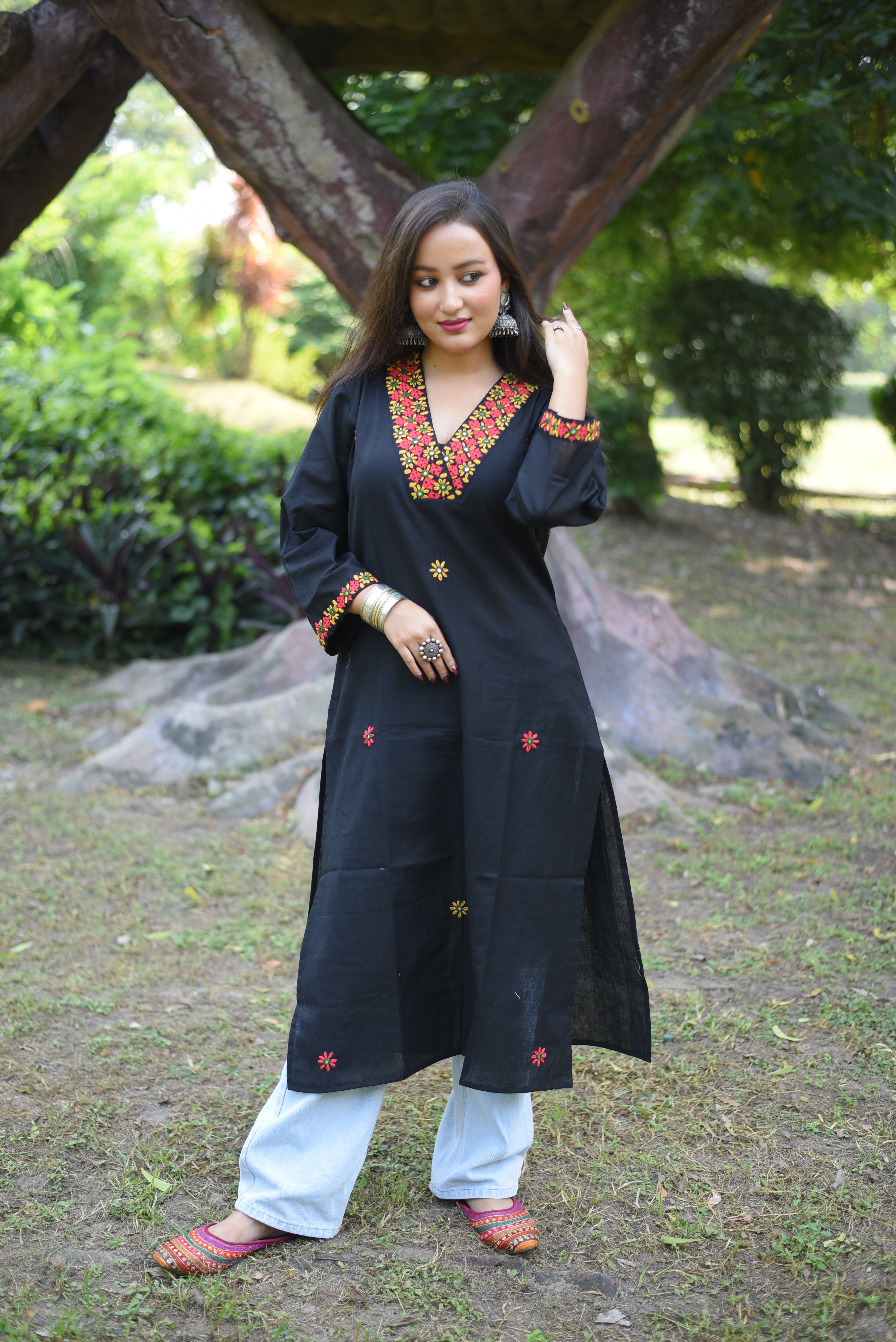 Black Cotton Belt Coller Hand Enbroidered Kurta