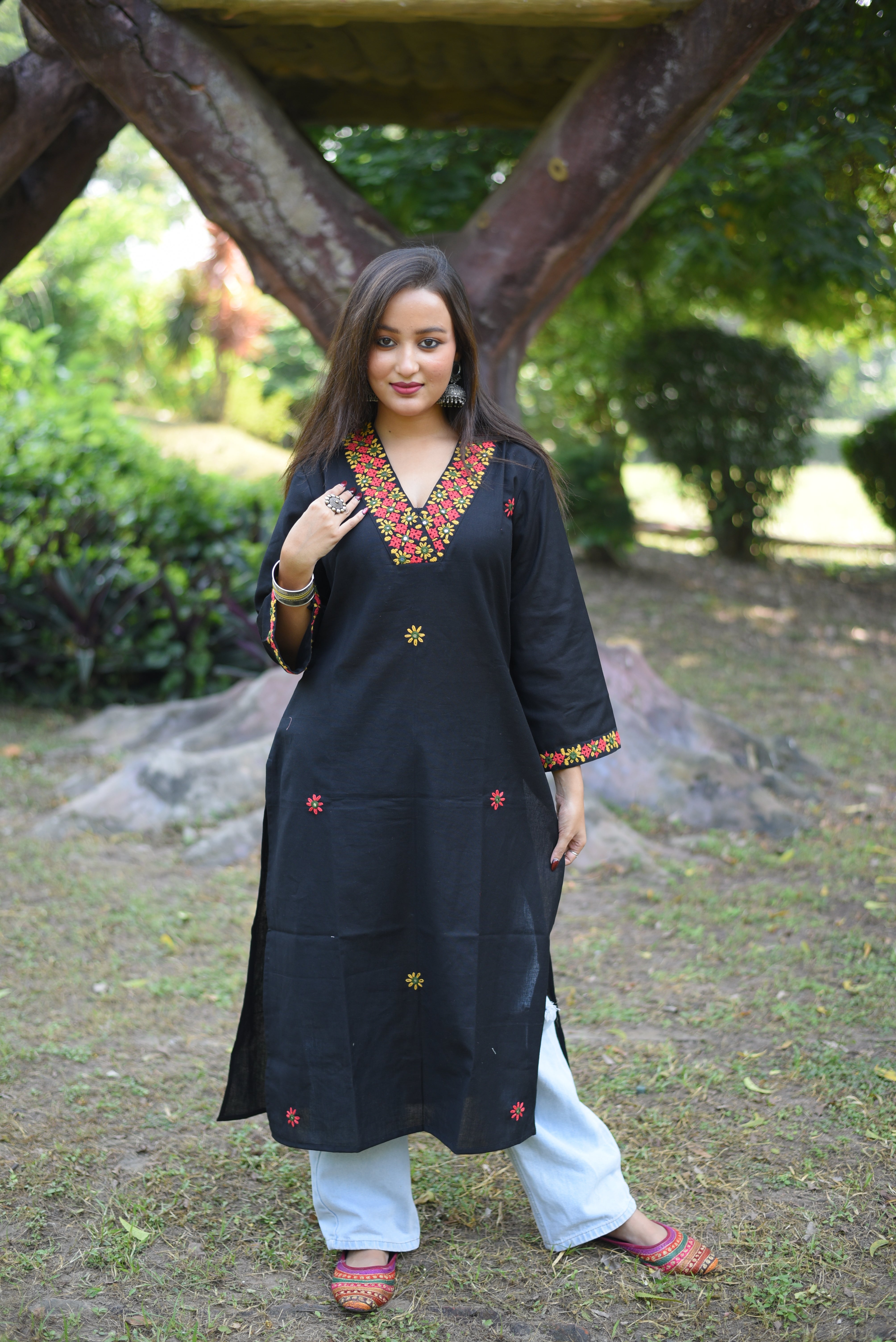 Black Cotton Belt Coller Hand Enbroidered Kurta