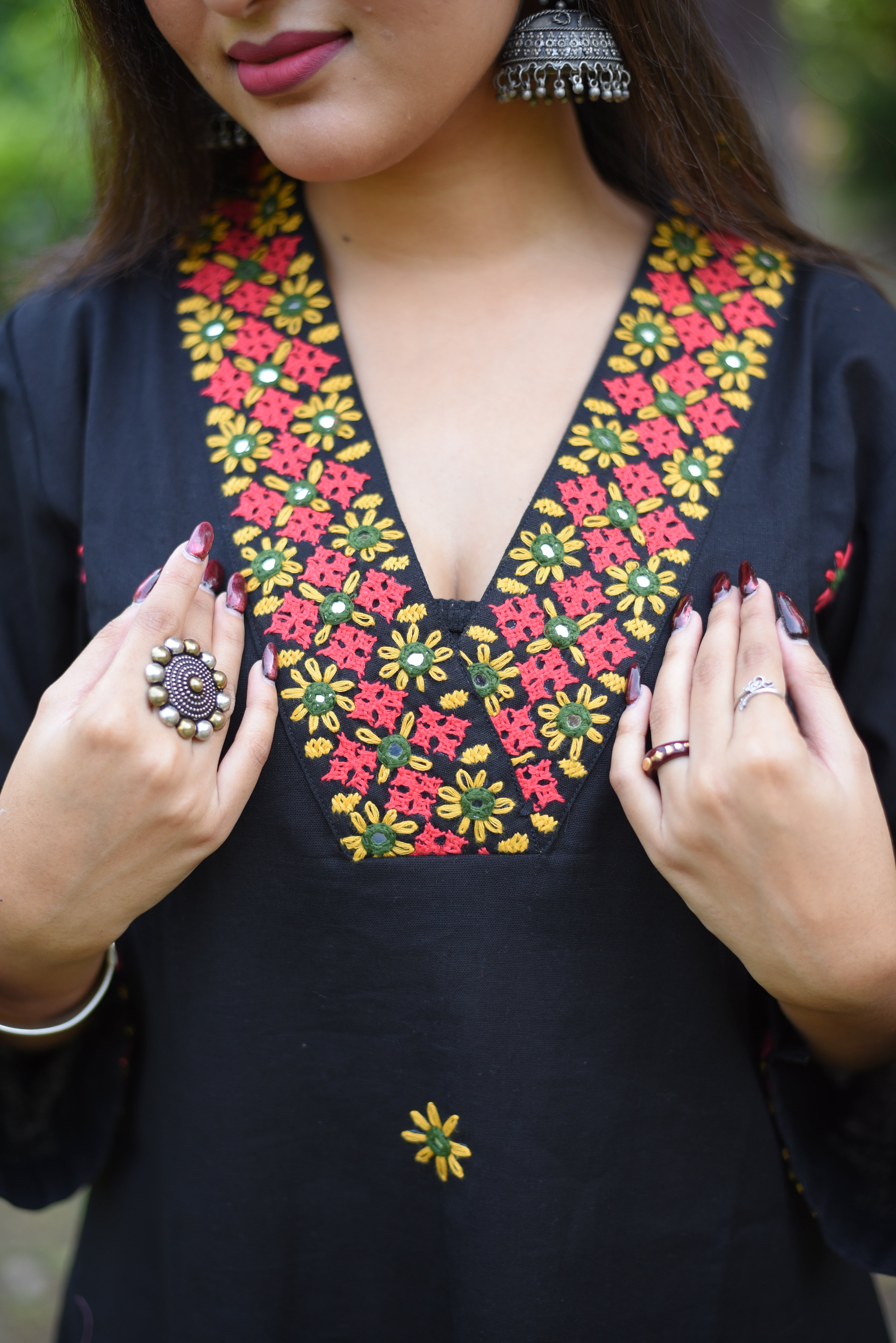 Black Cotton Belt Coller Hand Enbroidered Kurta