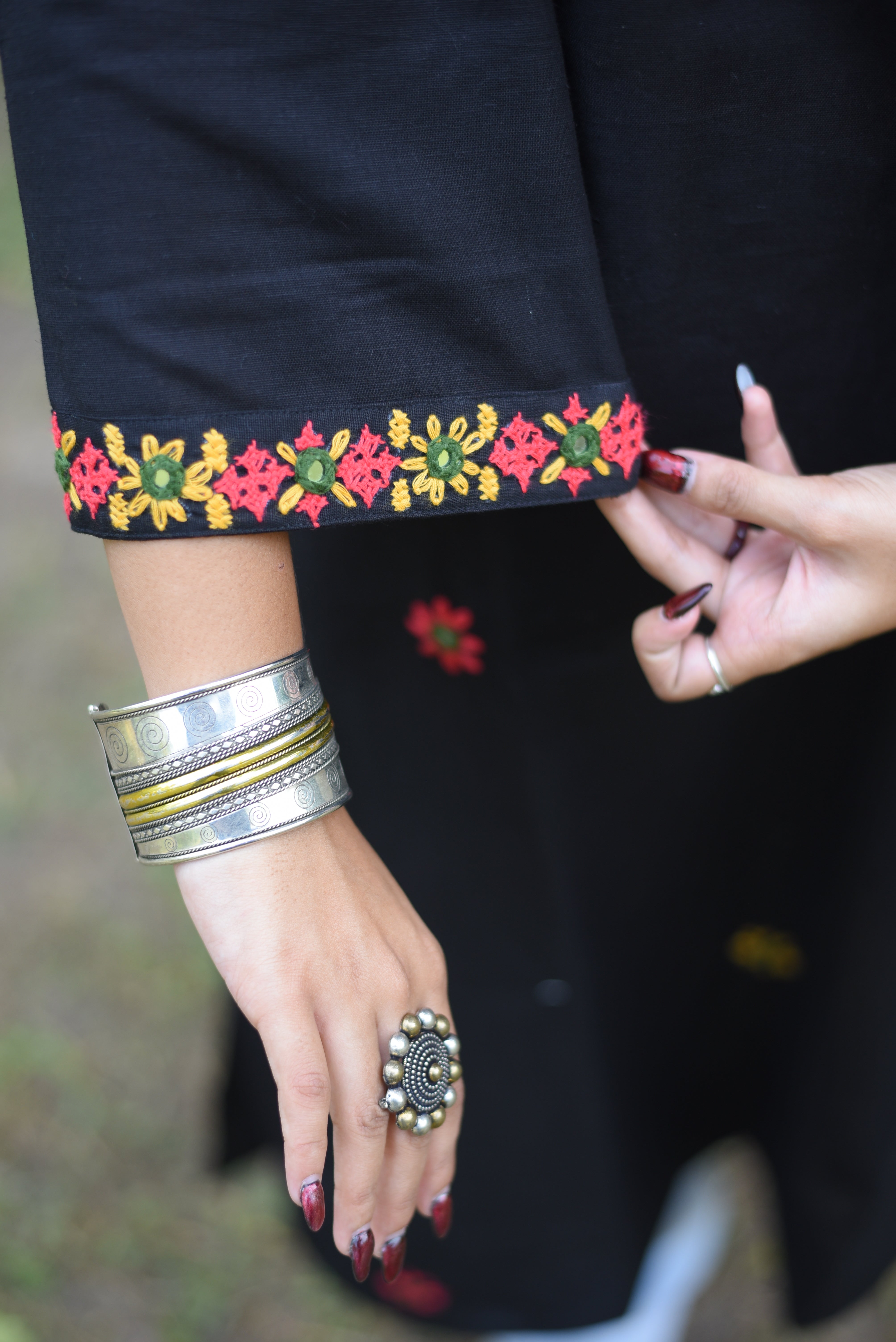 Black Cotton Belt Coller Hand Enbroidered Kurta