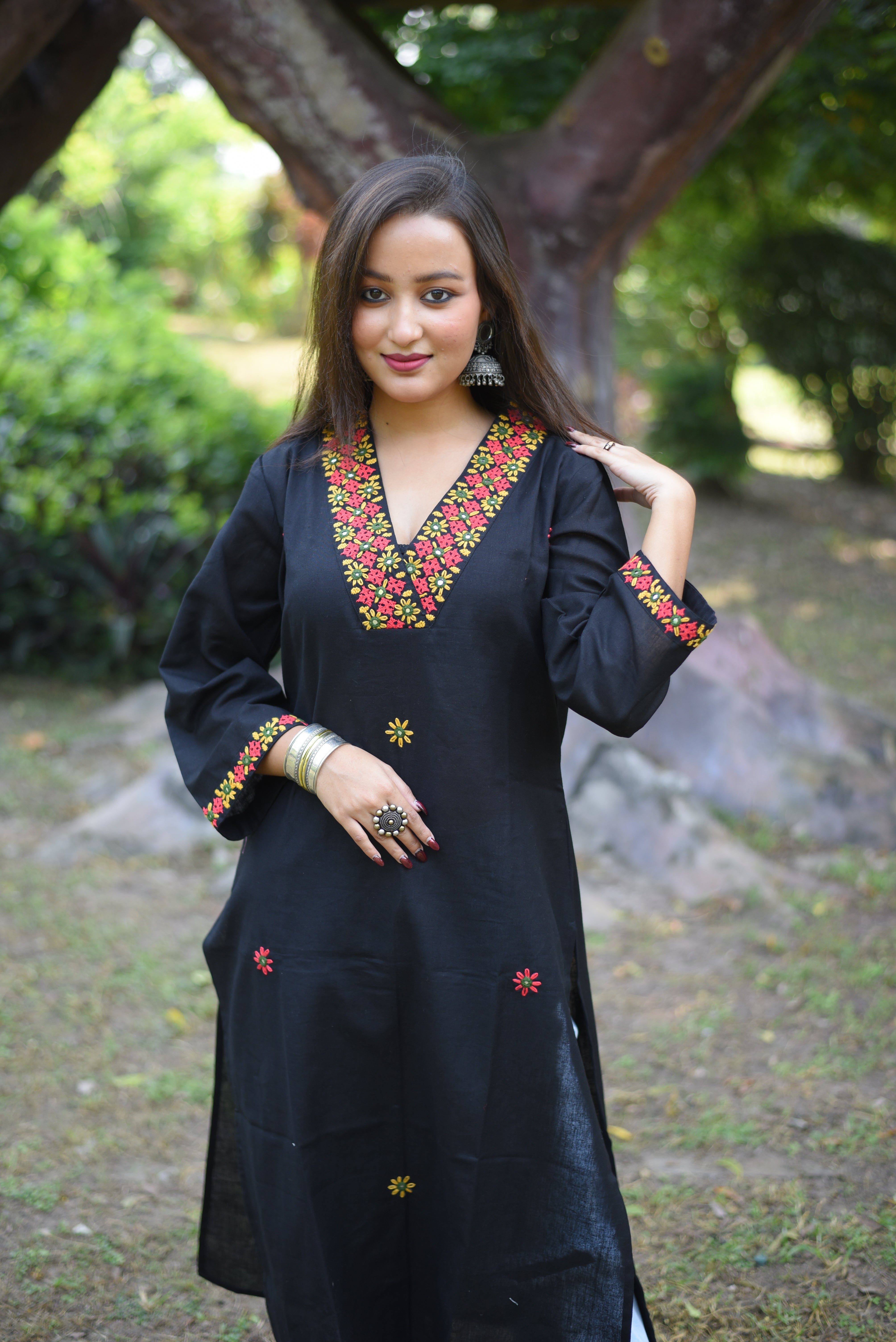 Black Cotton Belt Coller Hand Enbroidered Kurta