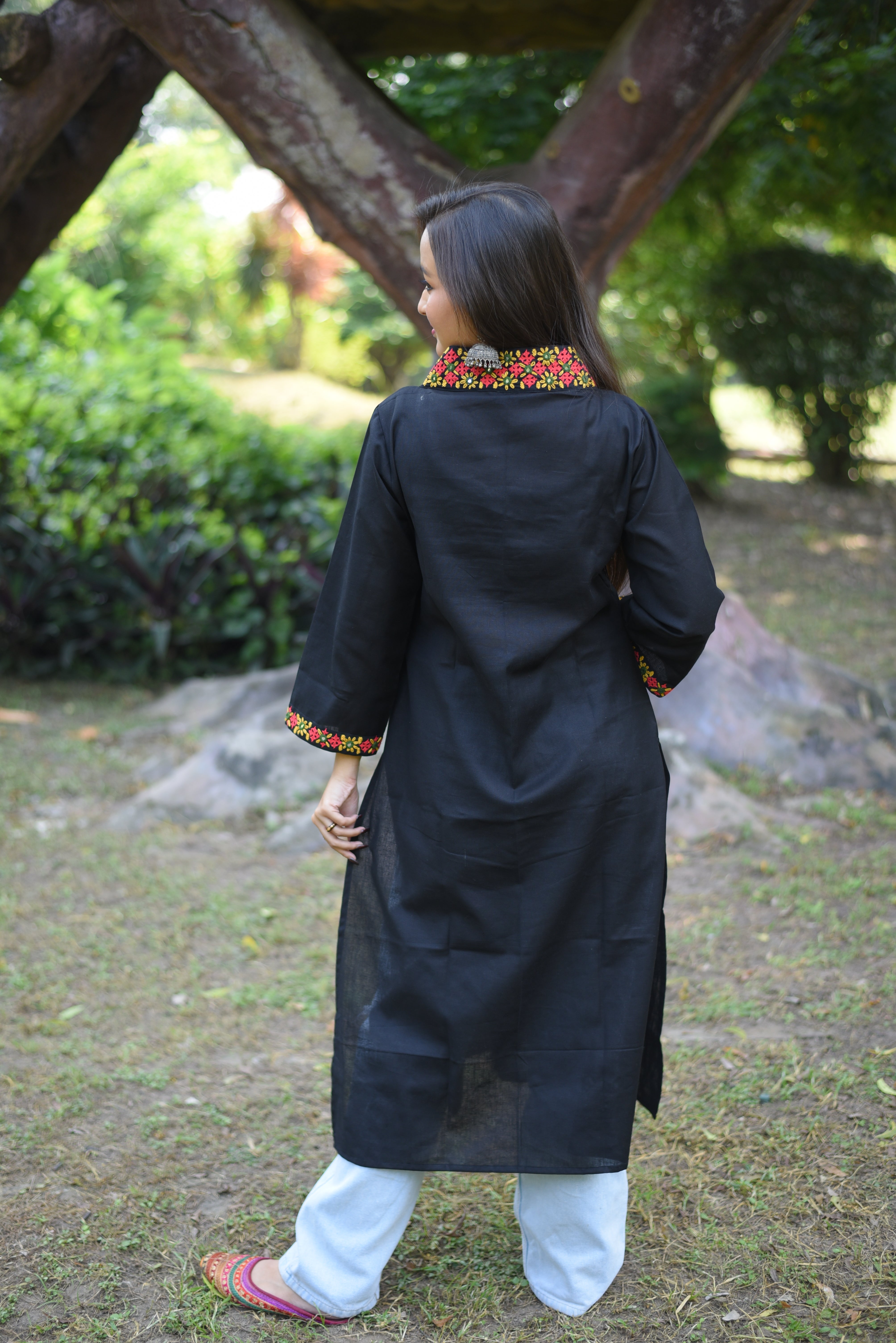 Black Cotton Belt Coller Hand Enbroidered Kurta