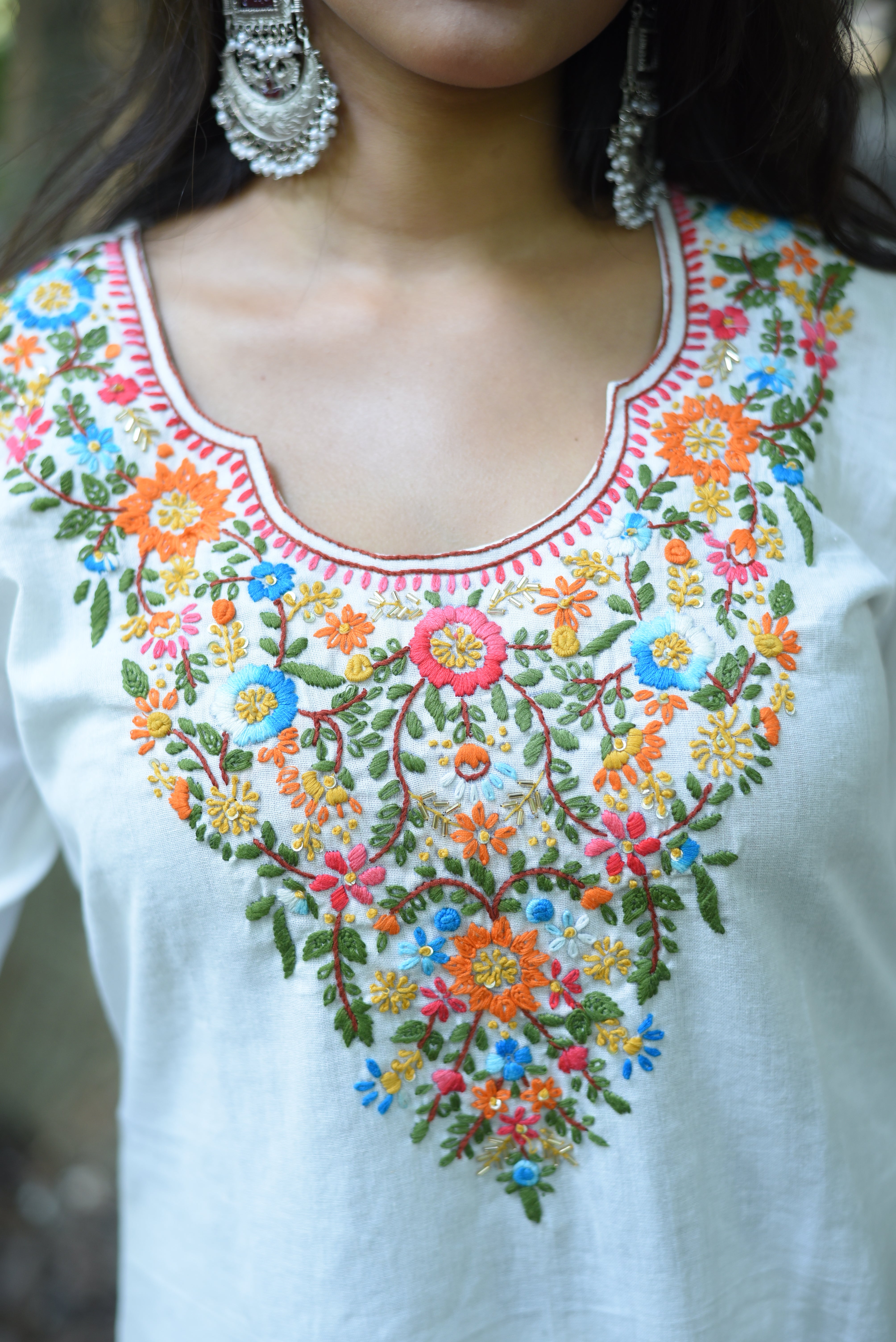 Off White Cotton Hand Embroidered Co-ord Sets