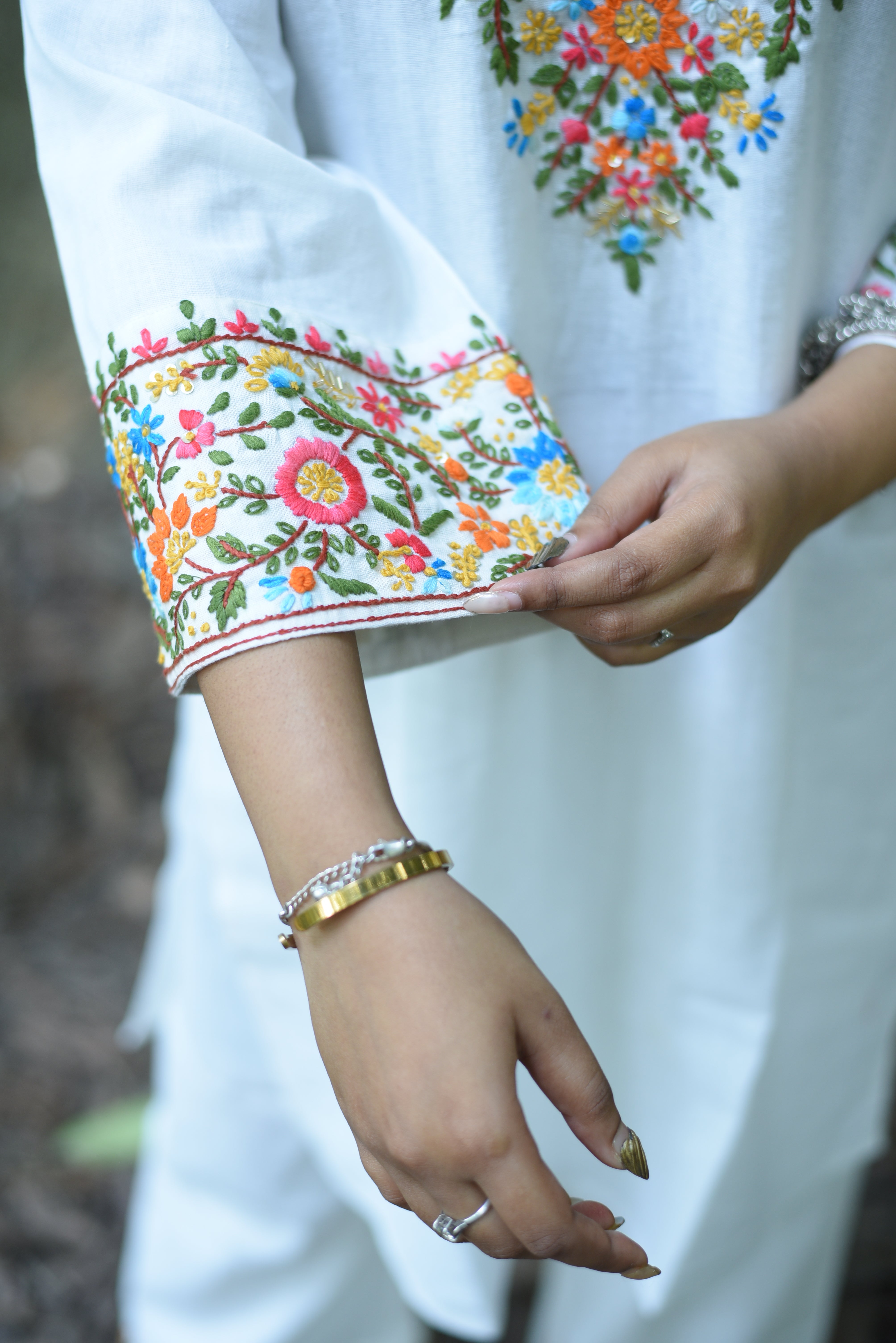 Off White Cotton Hand Embroidered Co-ord Sets