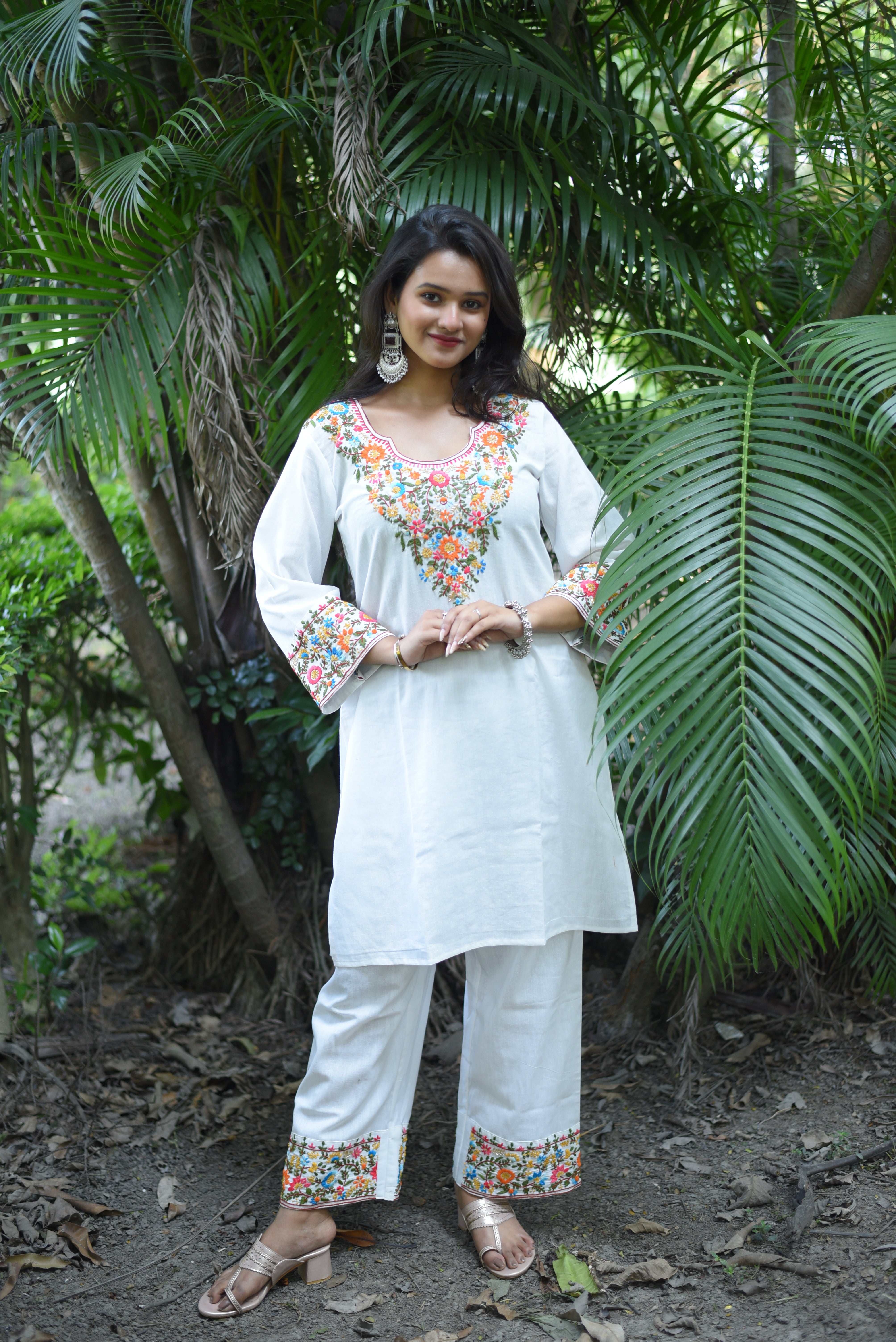 Off White Cotton Hand Embroidered Co-ord Sets