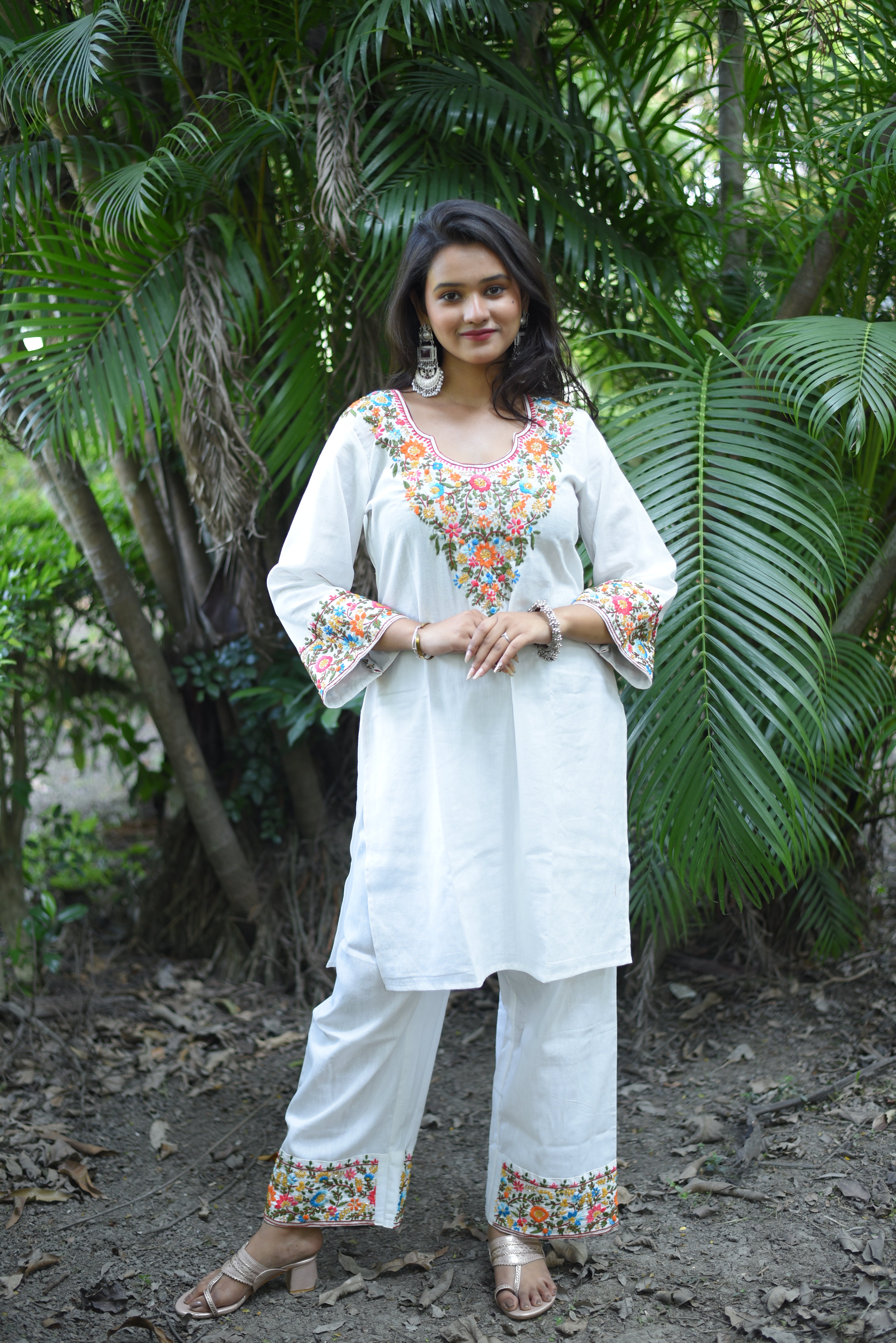Off White Cotton Hand Embroidered Co-ord Sets