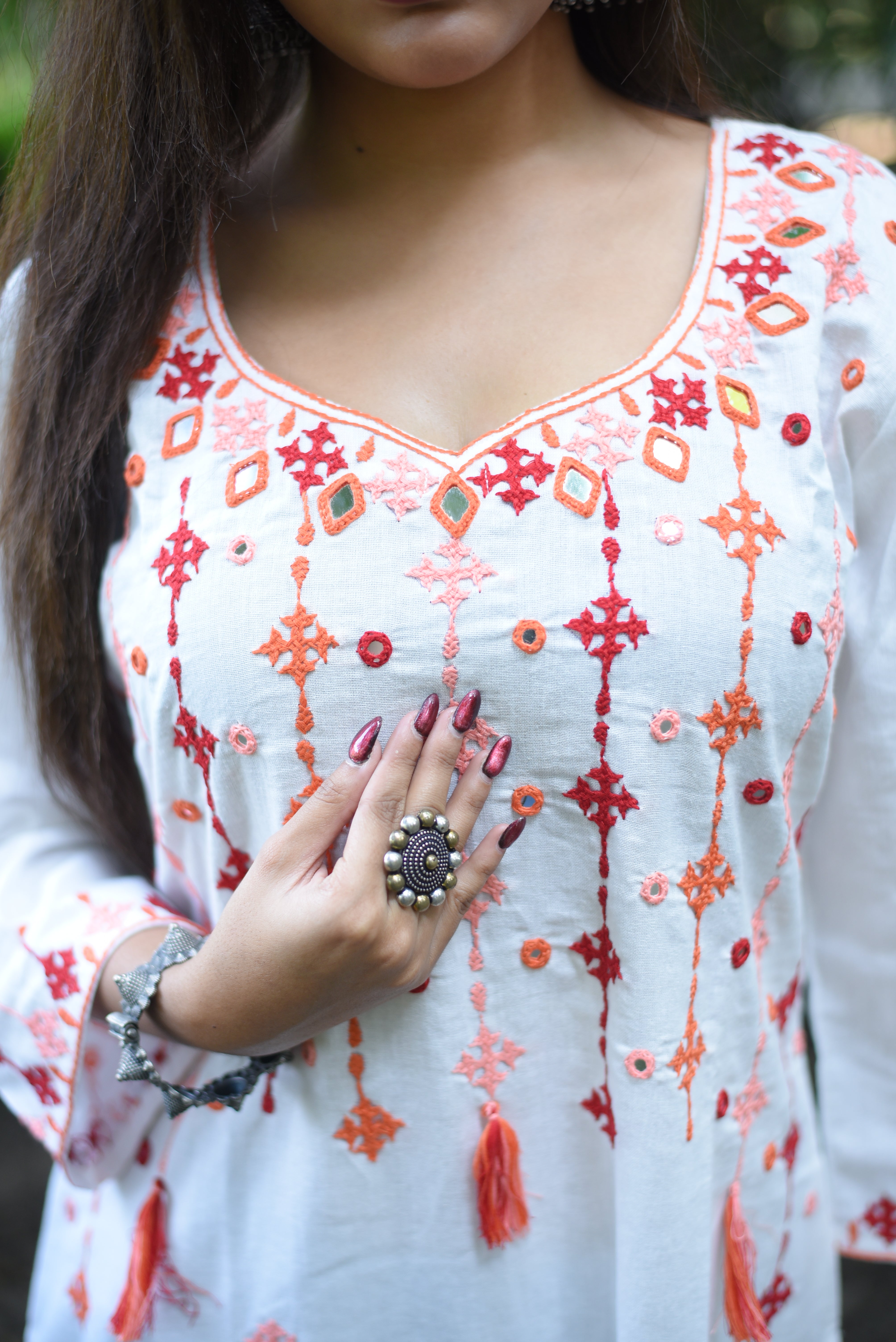 Off White Hand Kutch Embroidered Cotton Kurta