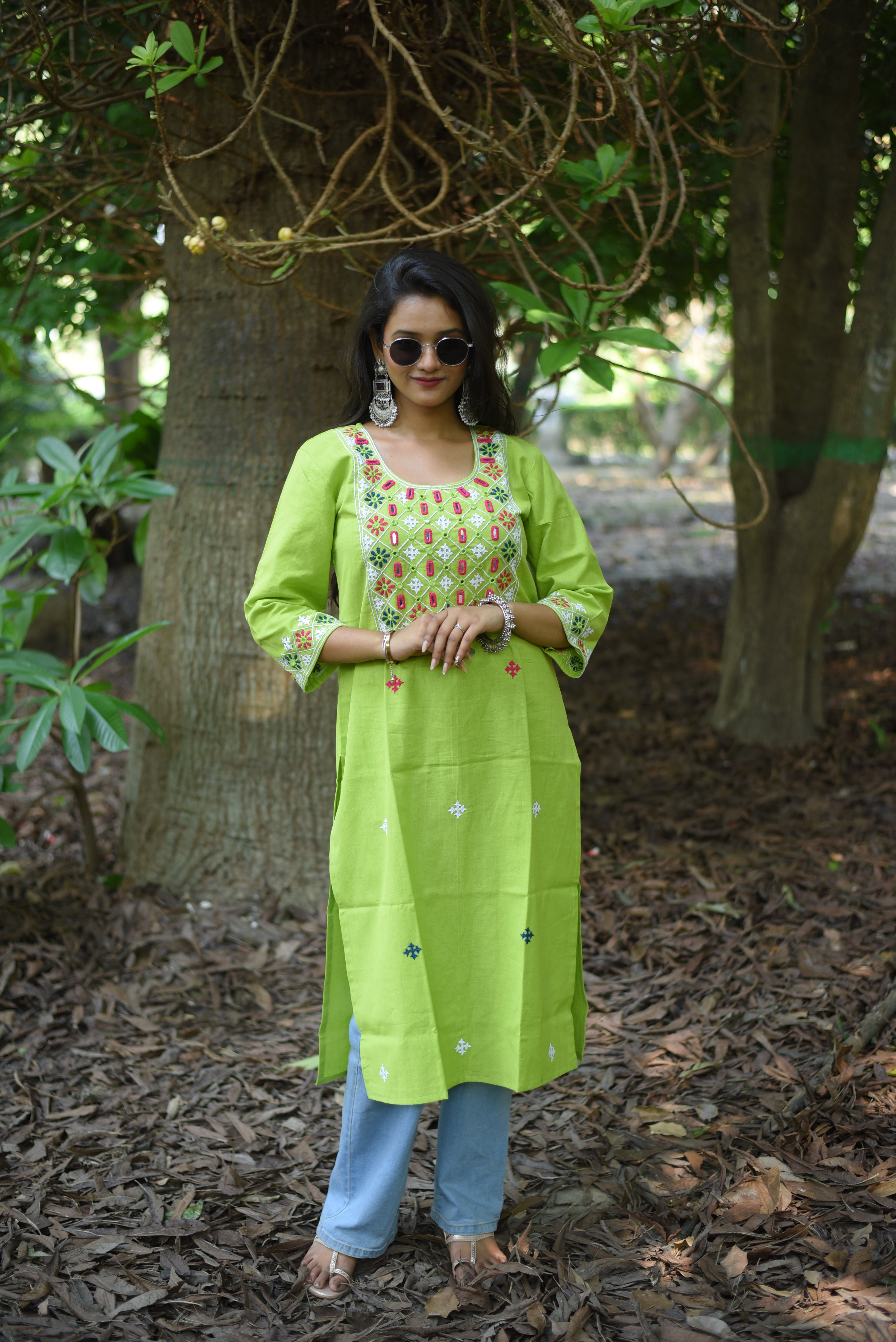 Mirror Embroidery Work Green Color Cotton Kurta