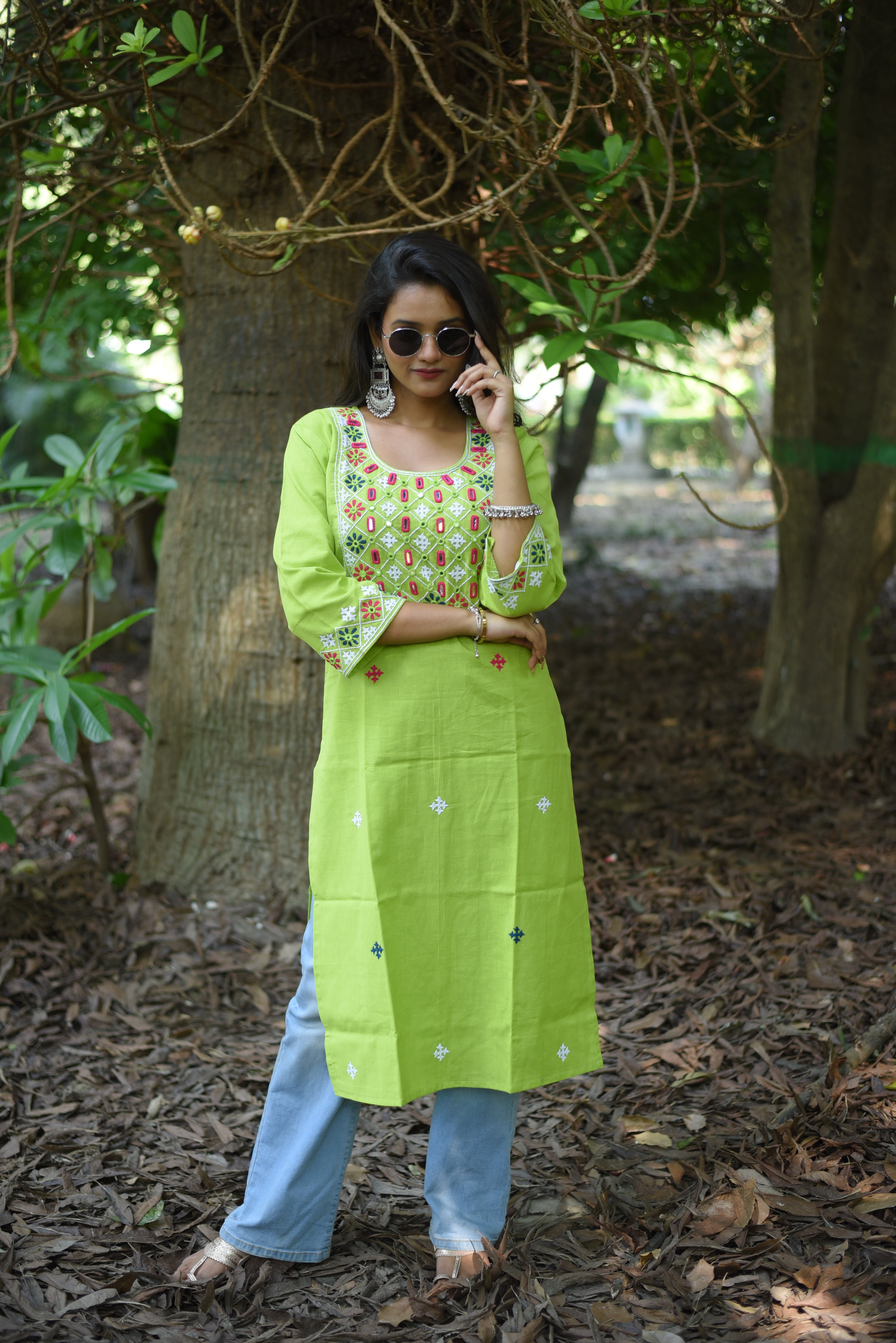 Mirror Embroidery Work Green Color Cotton Kurta