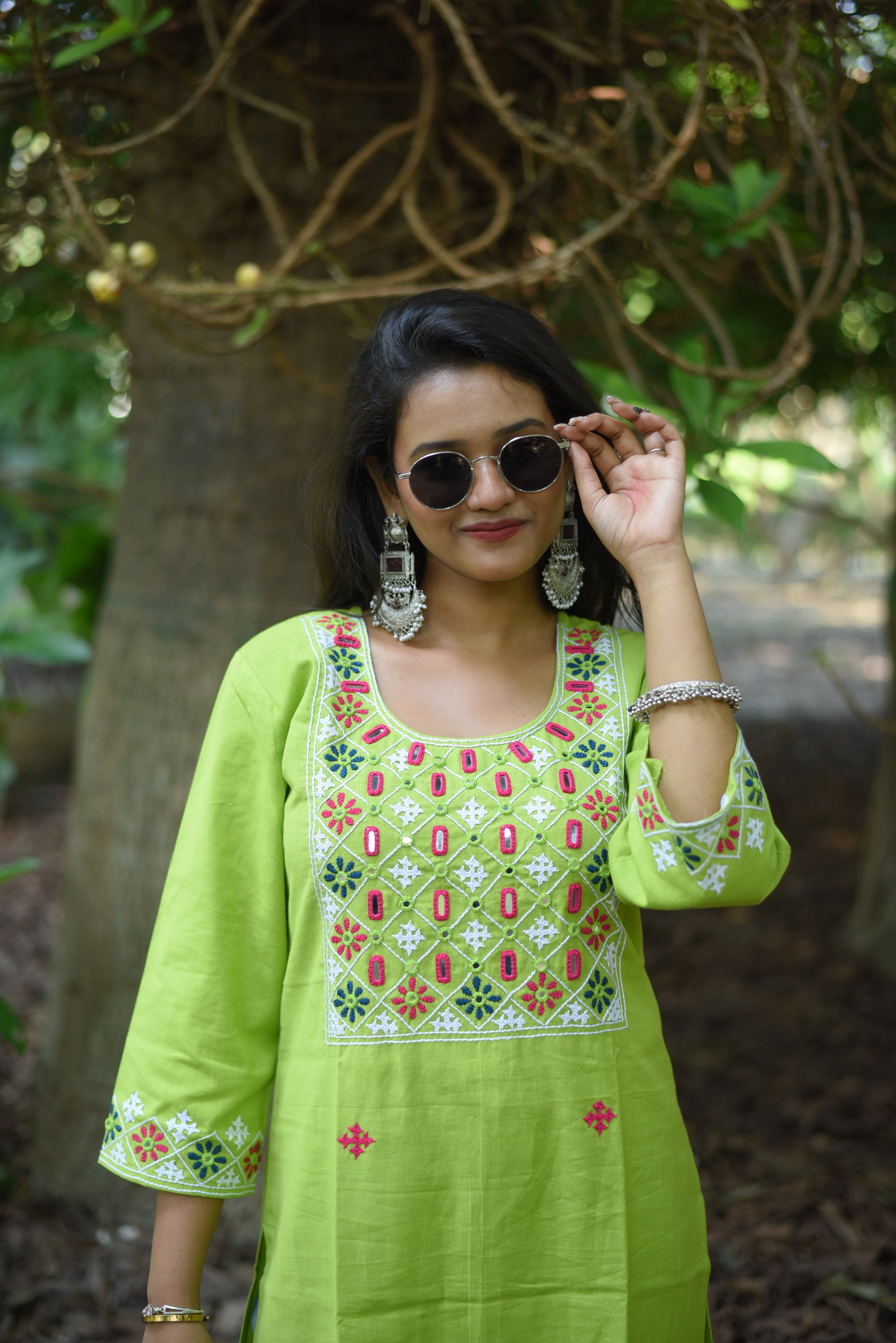 Mirror Embroidery Work Green Color Cotton Kurta