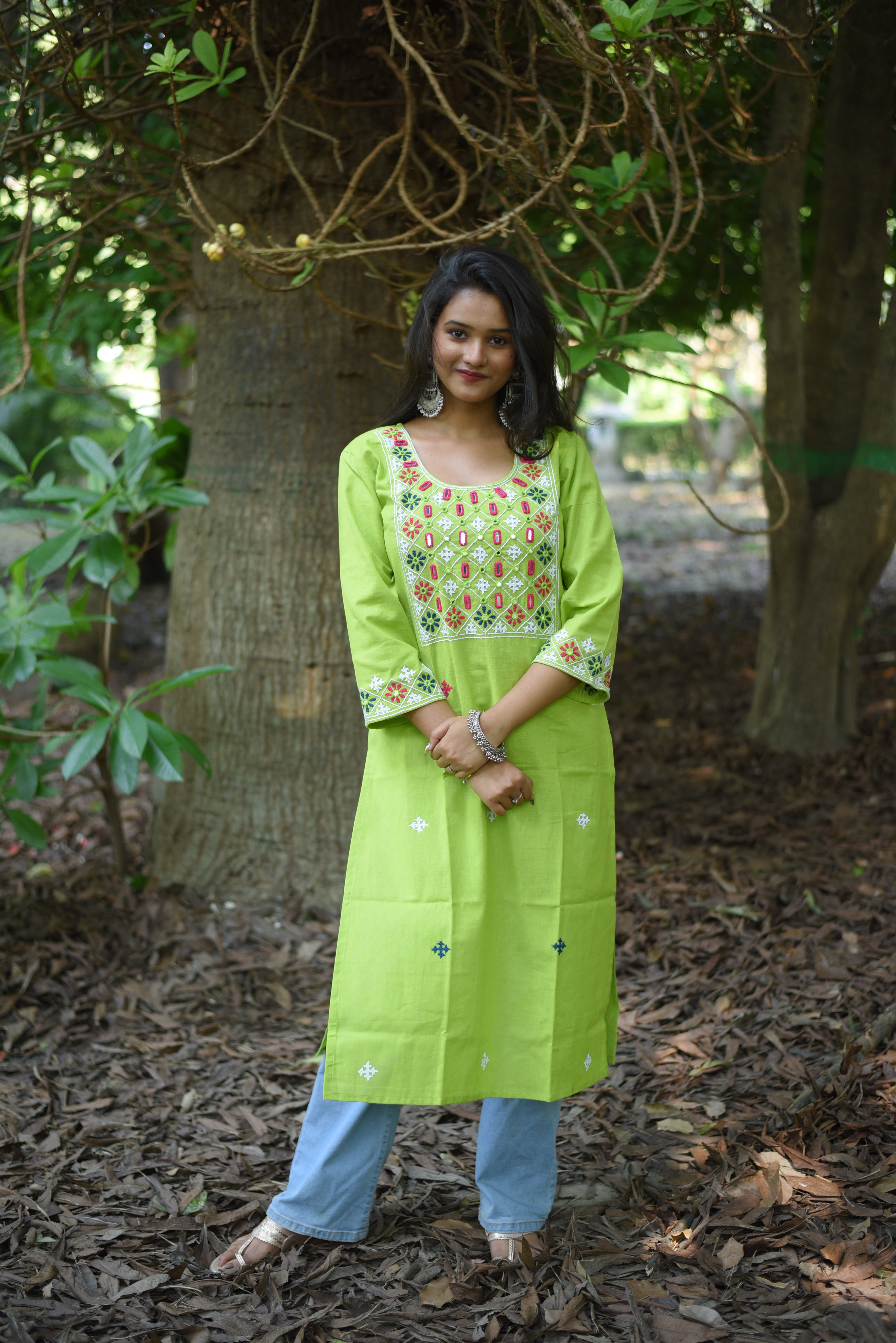 Mirror Embroidery Work Green Color Cotton Kurta