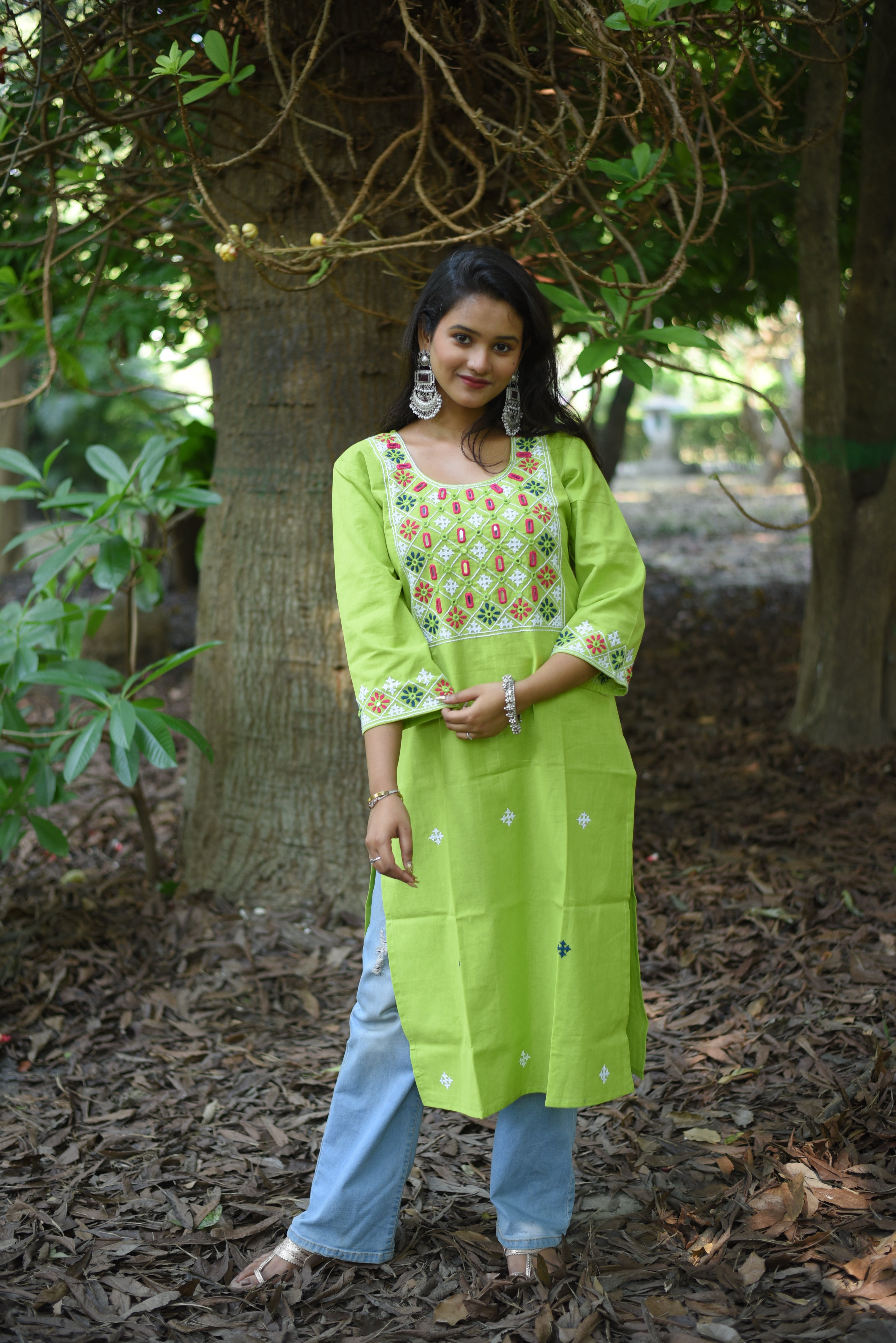 Mirror Embroidery Work Green Color Cotton Kurta