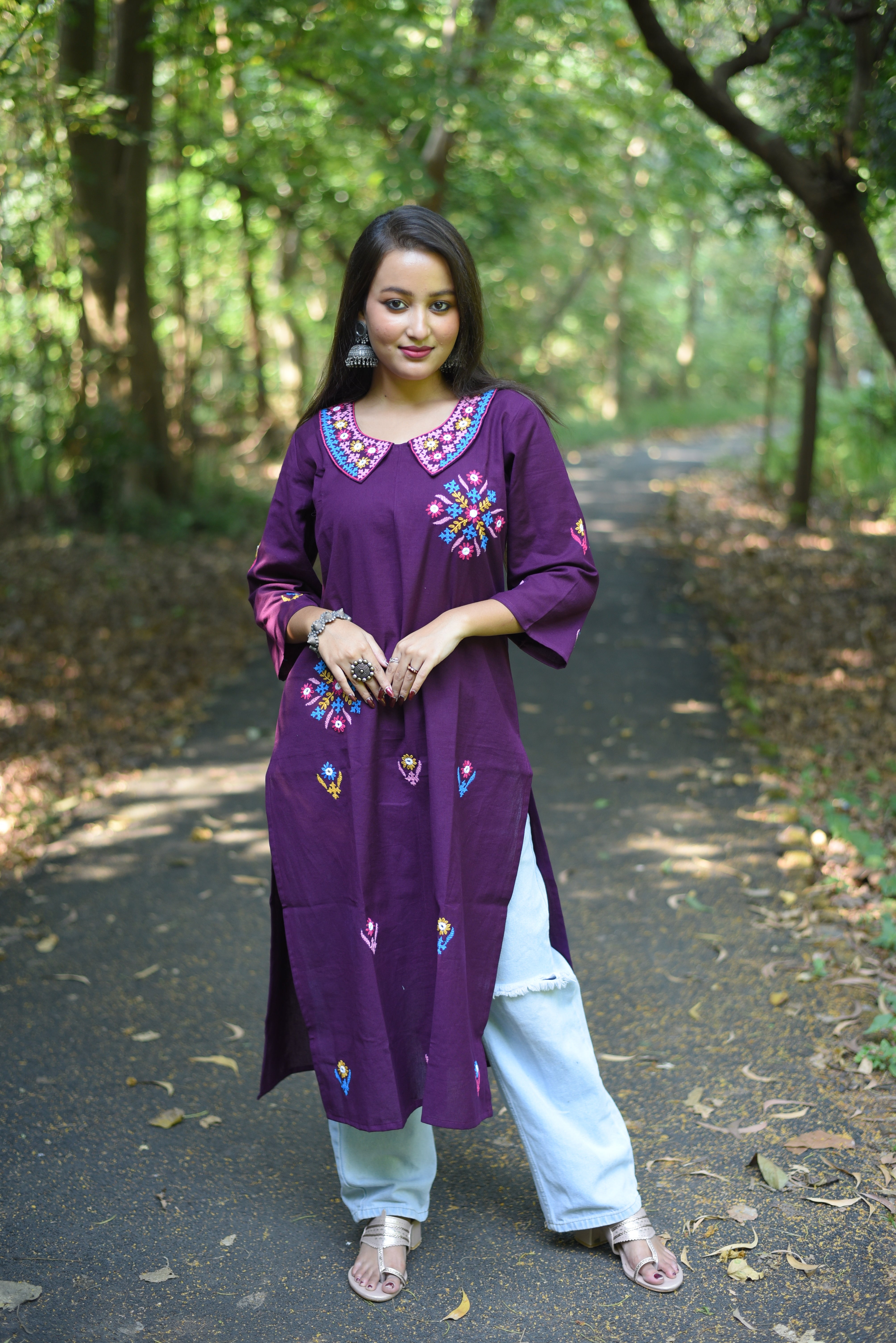 Plum Color Hand Kutch Embroidered Cotton Kurta