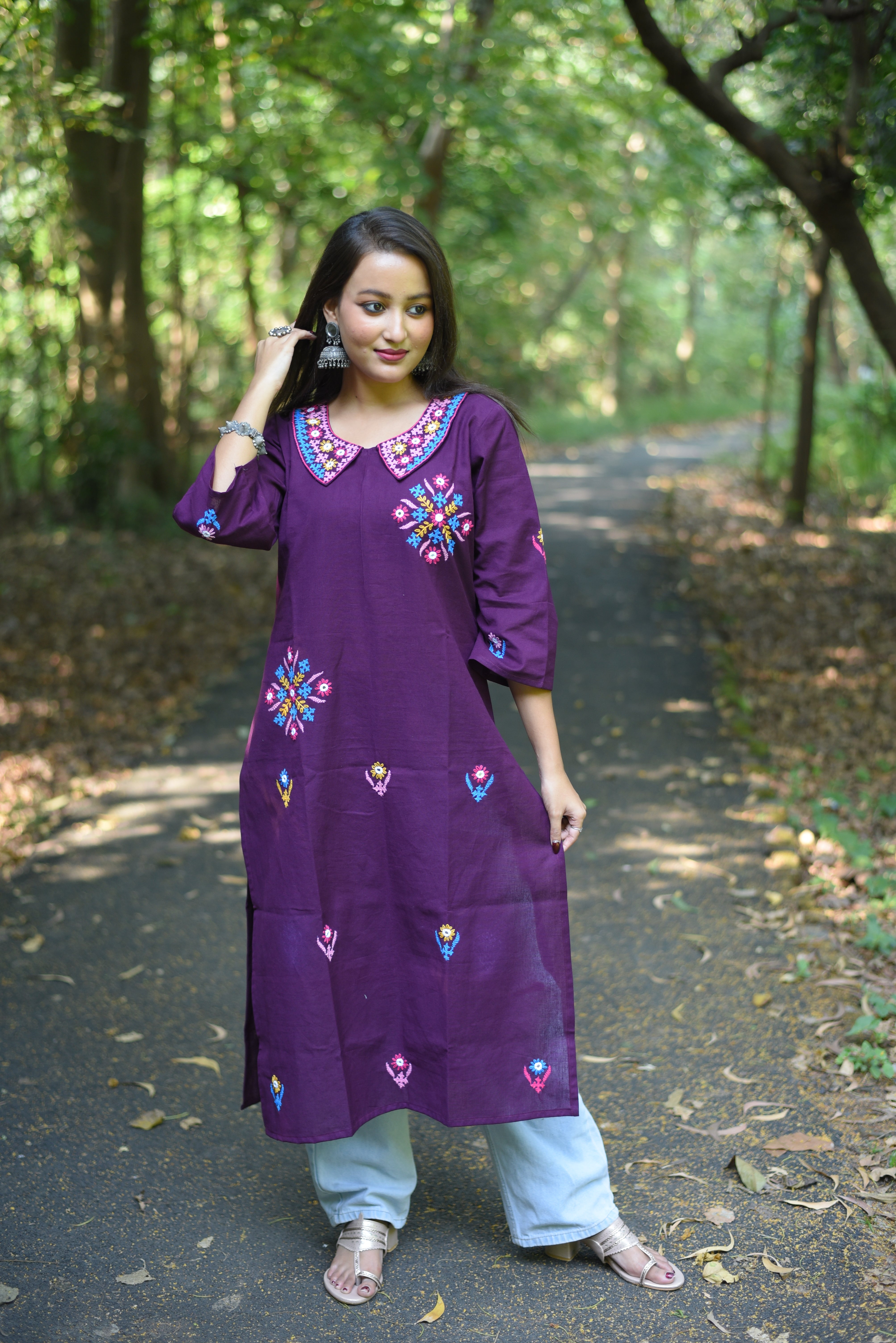 Plum Color Hand Kutch Embroidered Cotton Kurta