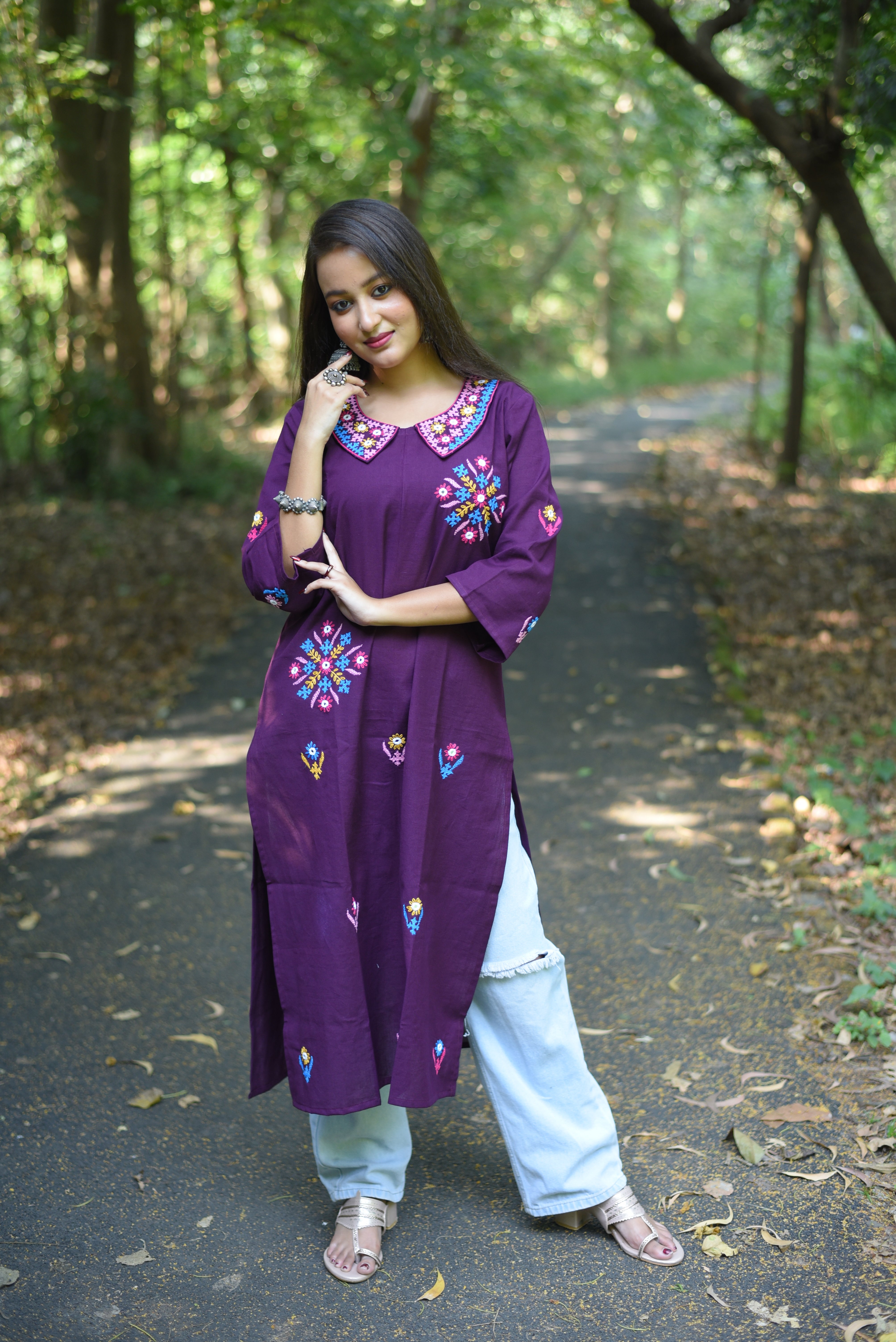 Plum Color Hand Kutch Embroidered Cotton Kurta