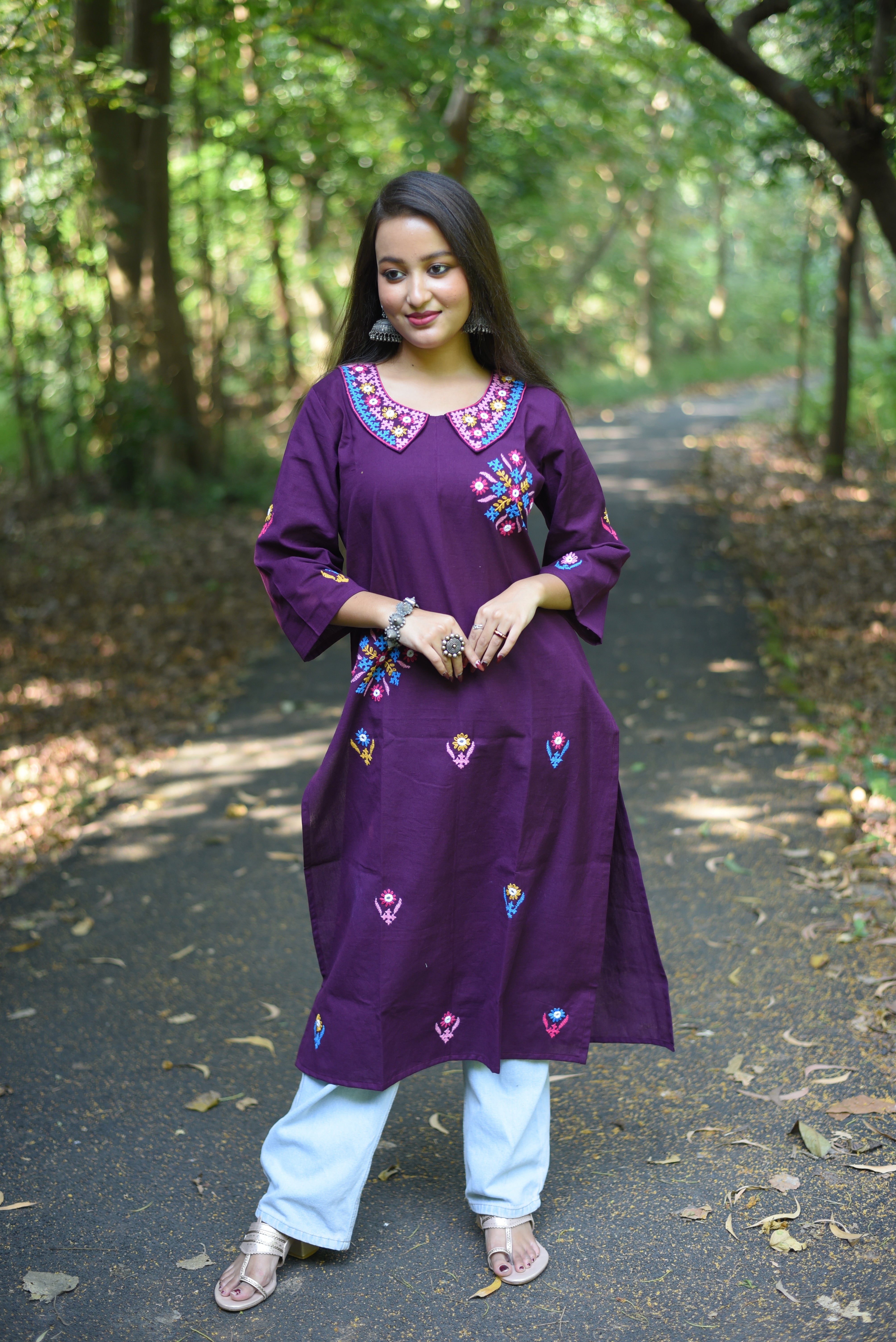 Plum Color Hand Kutch Embroidered Cotton Kurta