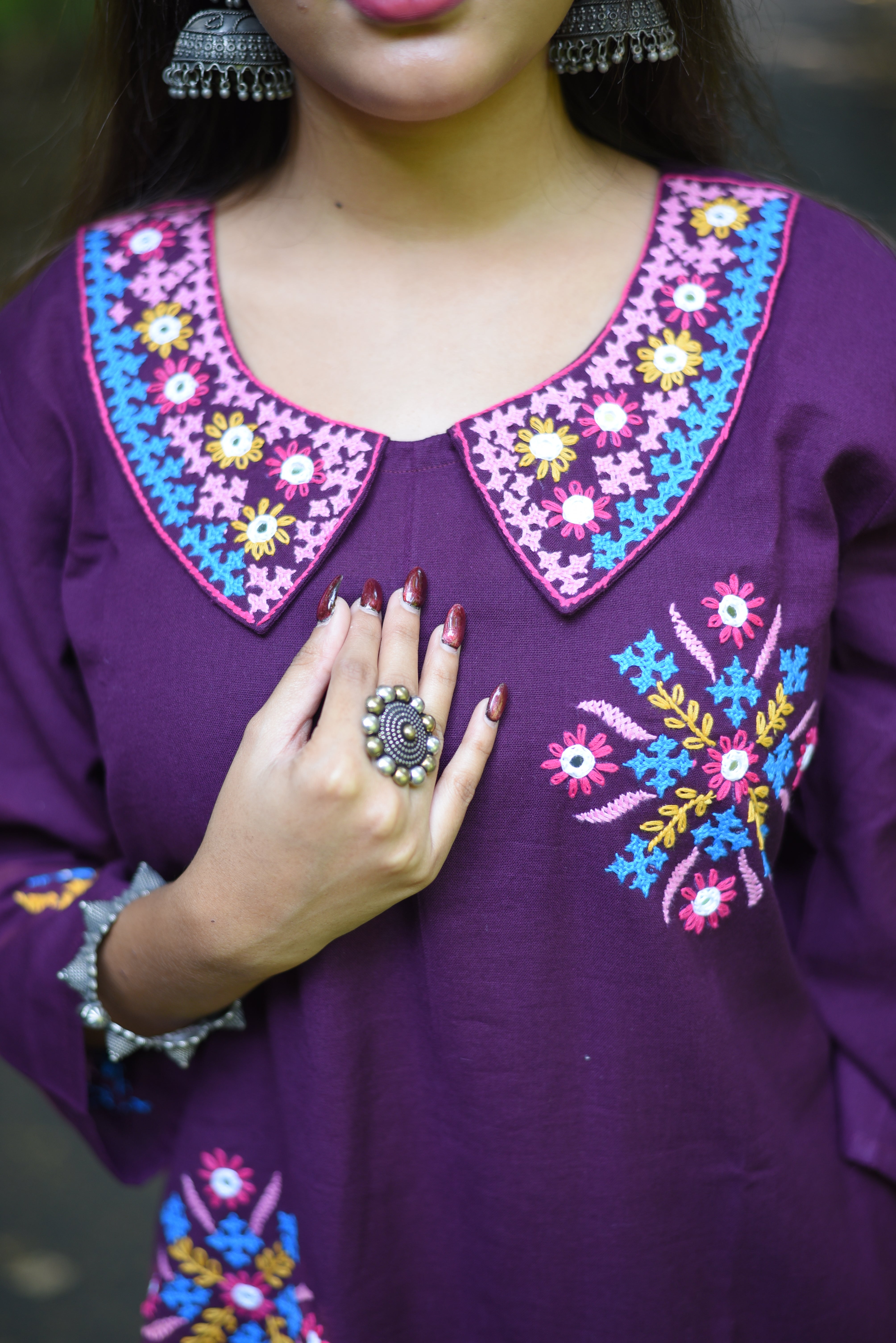 Plum Color Hand Kutch Embroidered Cotton Kurta