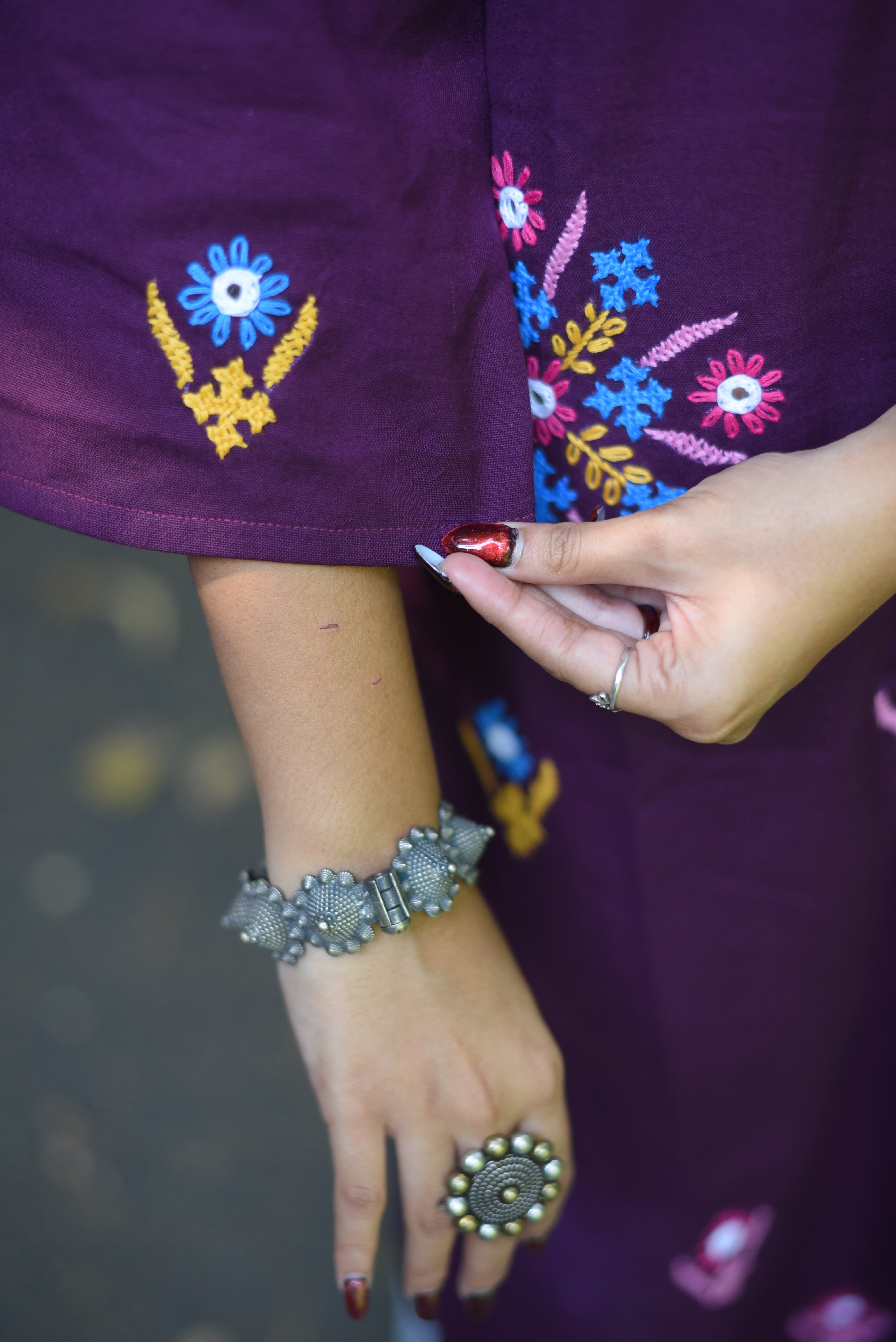 Plum Color Hand Kutch Embroidered Cotton Kurta
