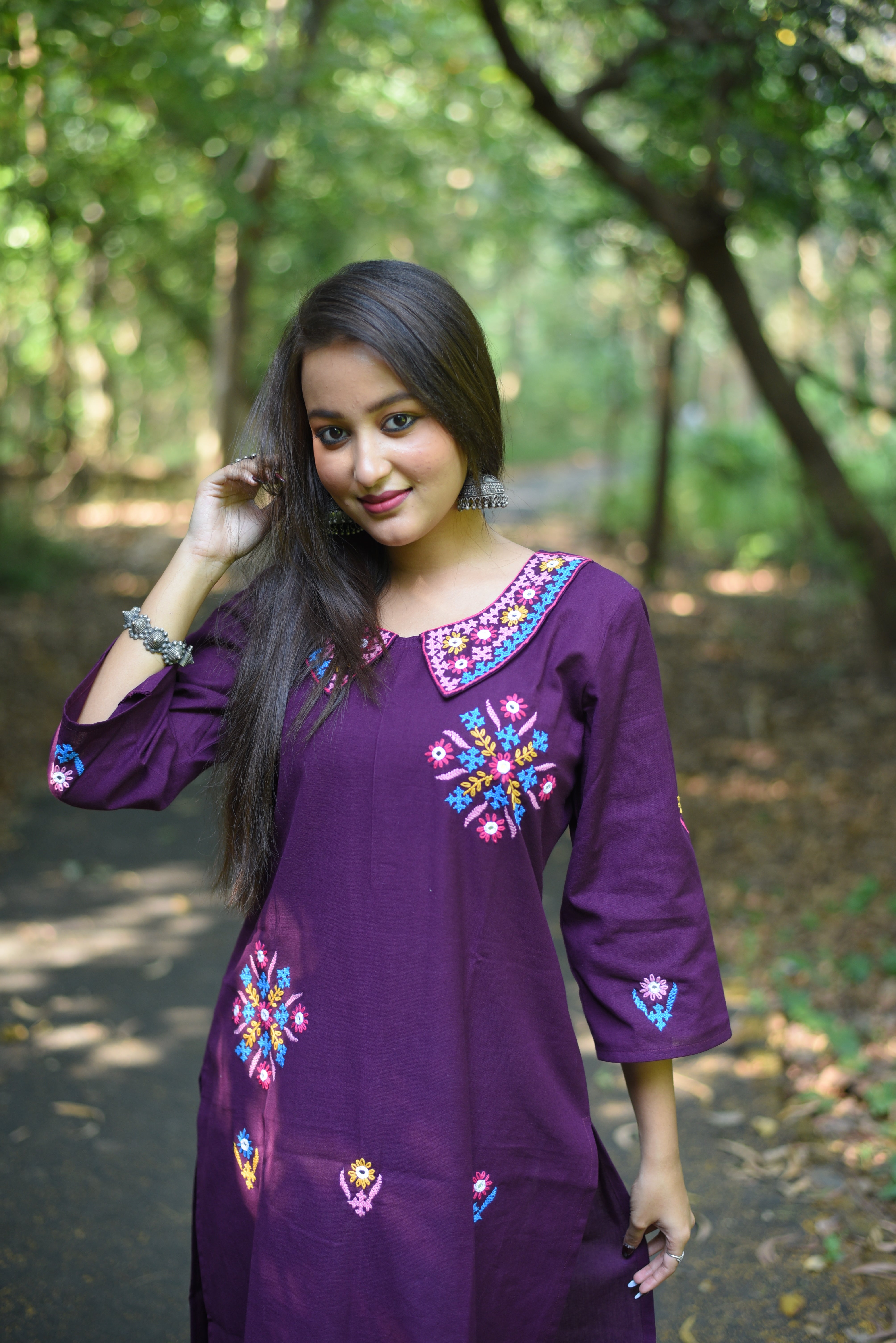 Plum Color Hand Kutch Embroidered Cotton Kurta