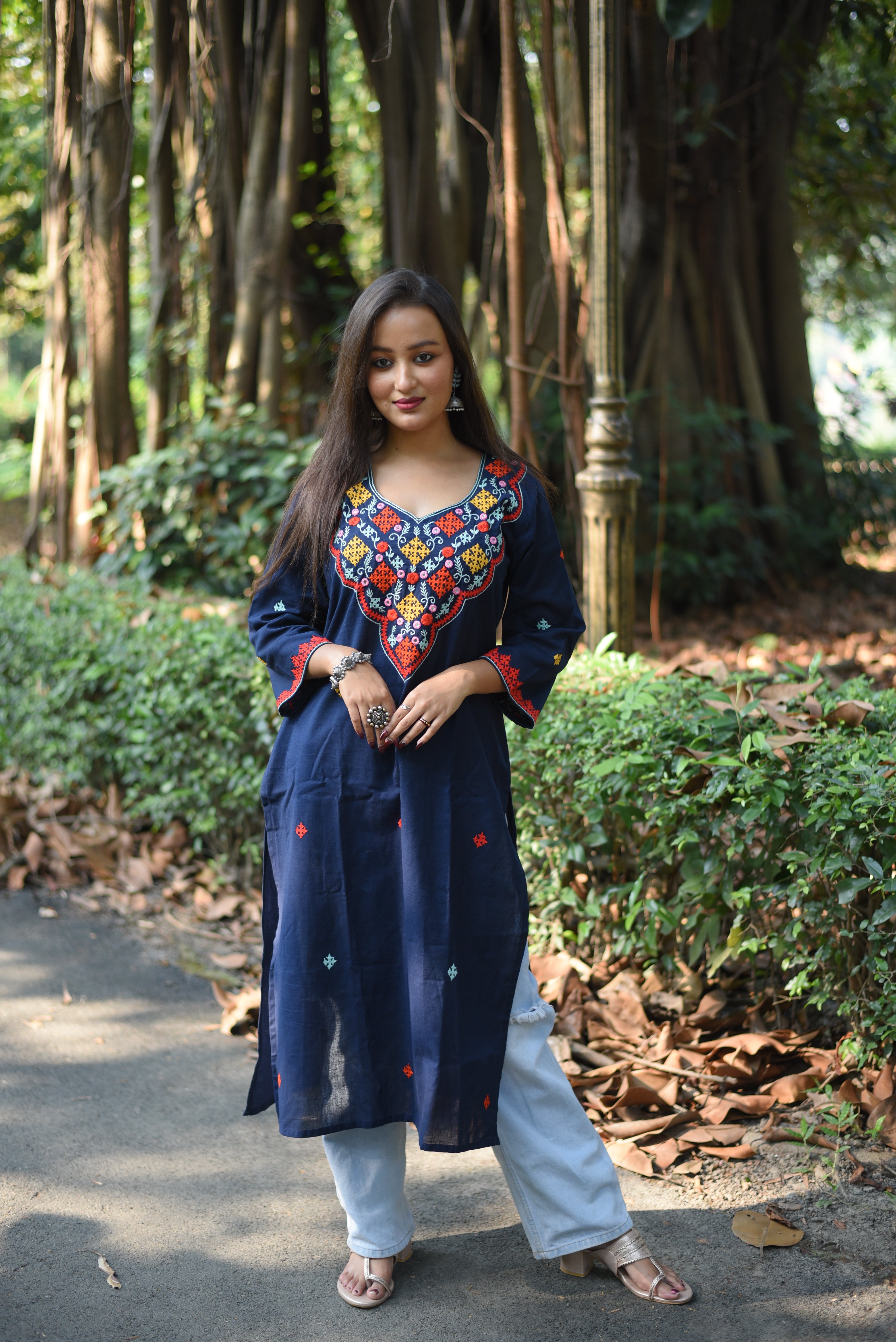 Mid Night Blue Kutch Embroidered Cotton Kurta