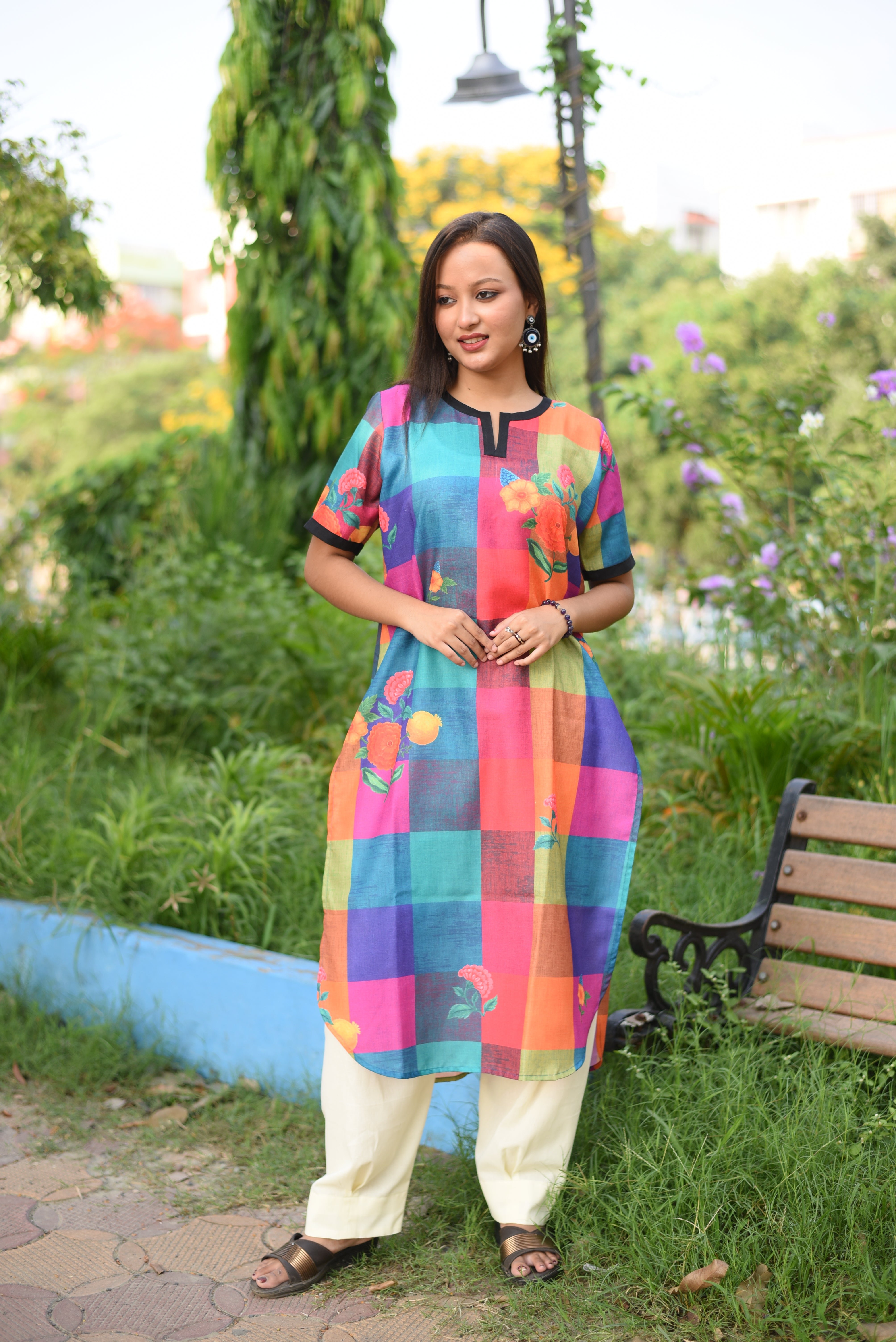 Multi Color Floral Print Cotton Kurta