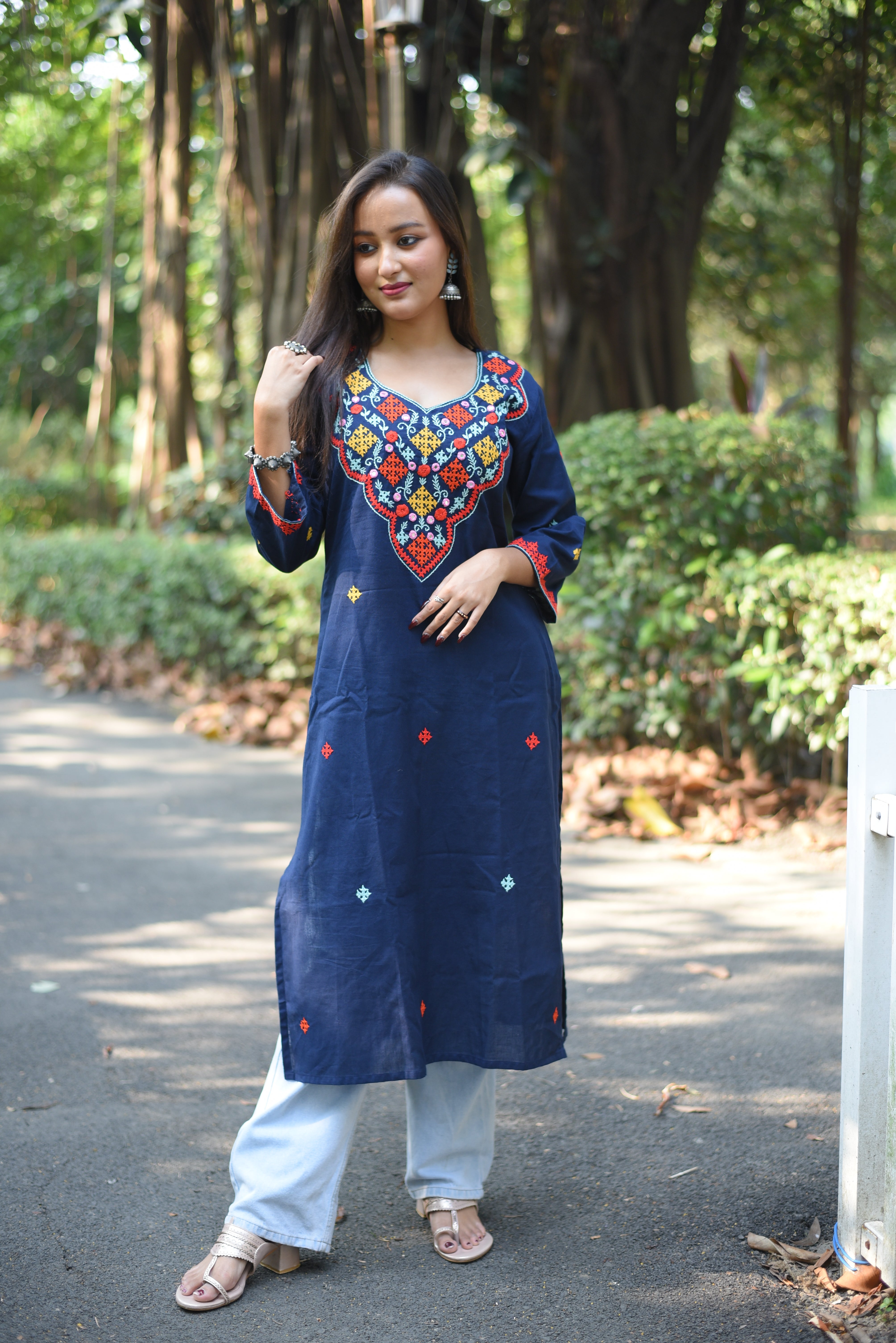 Mid Night Blue Kutch Embroidered Cotton Kurta