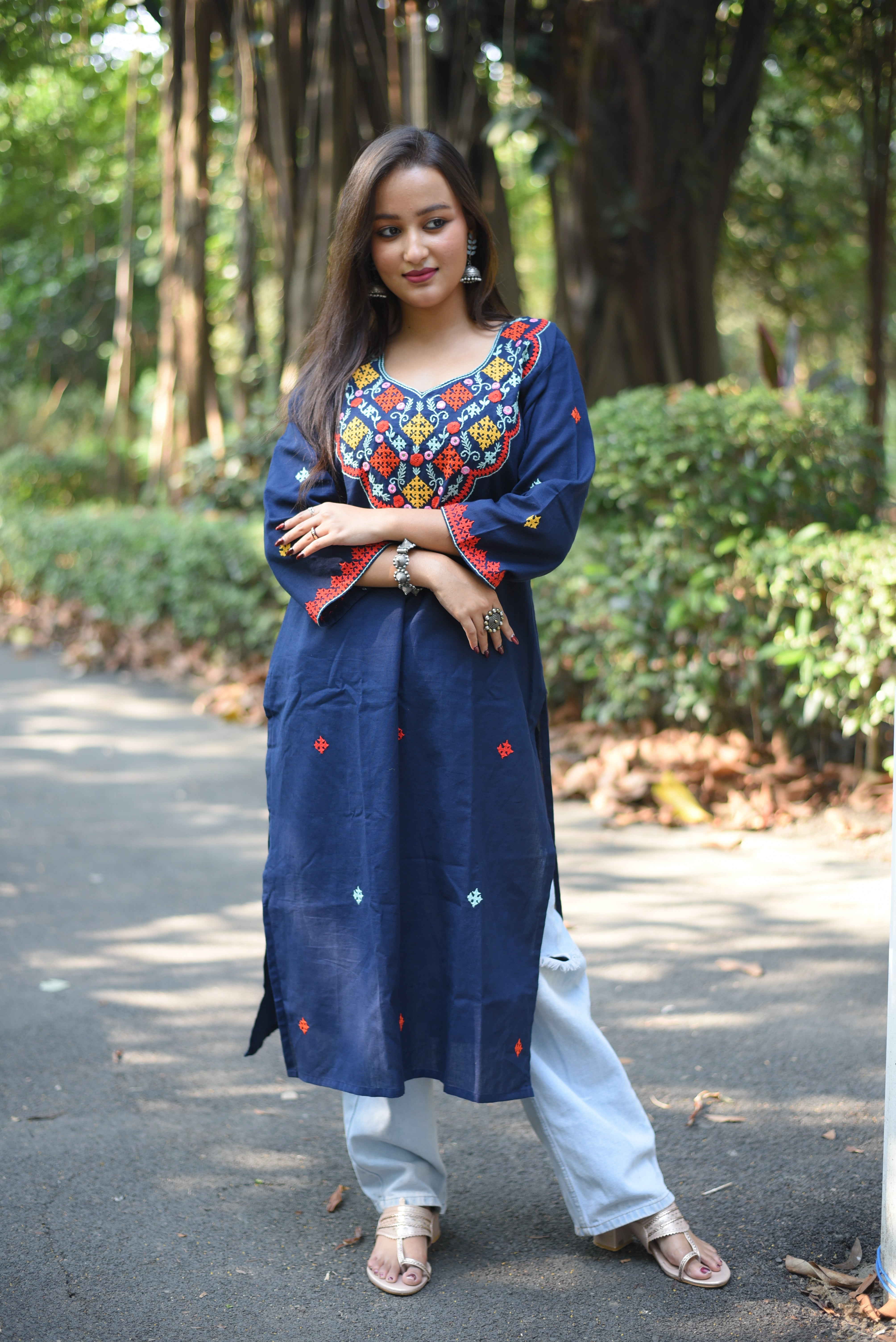 Mid Night Blue Kutch Embroidered Cotton Kurta