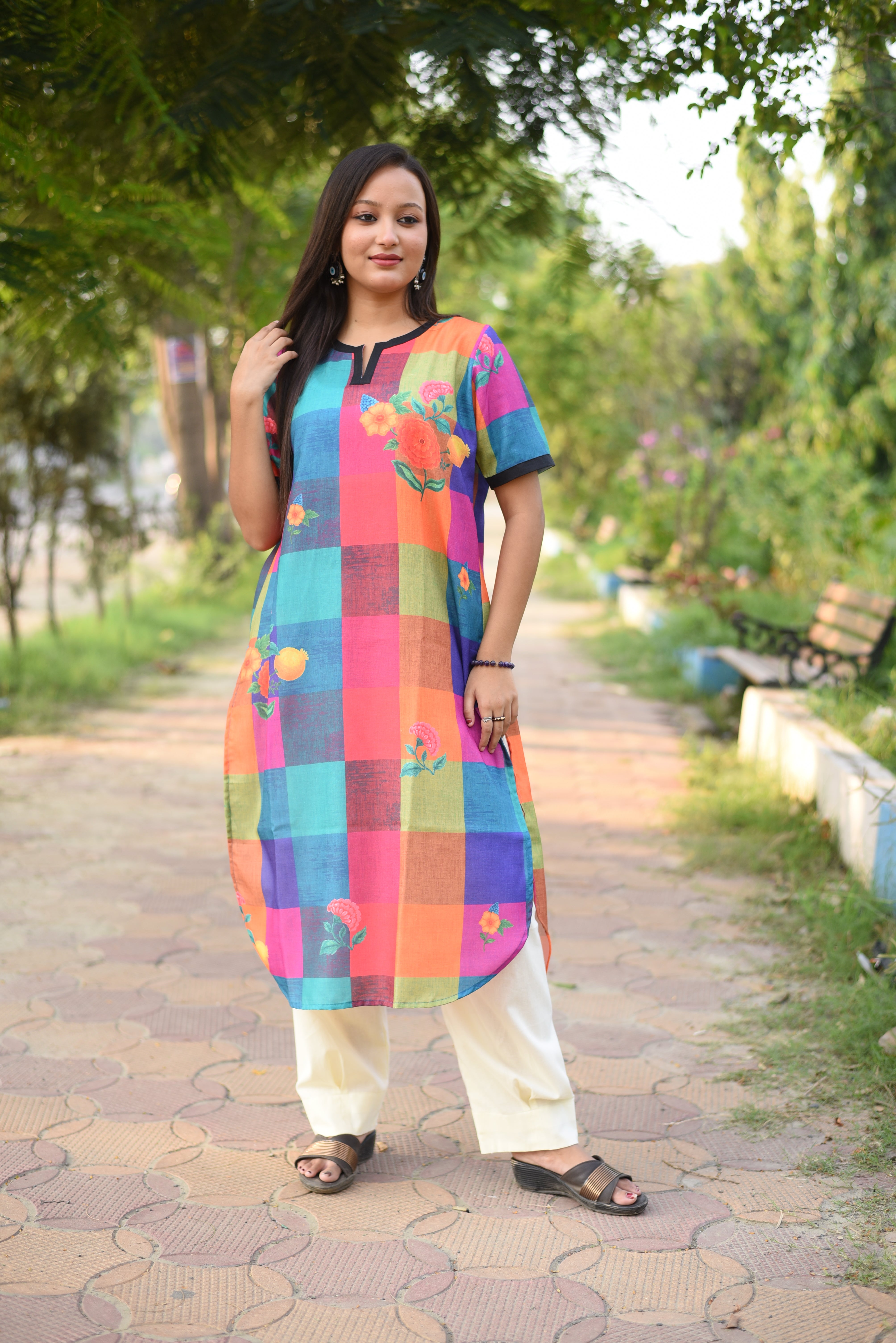 Multi Color Floral Print Cotton Kurta