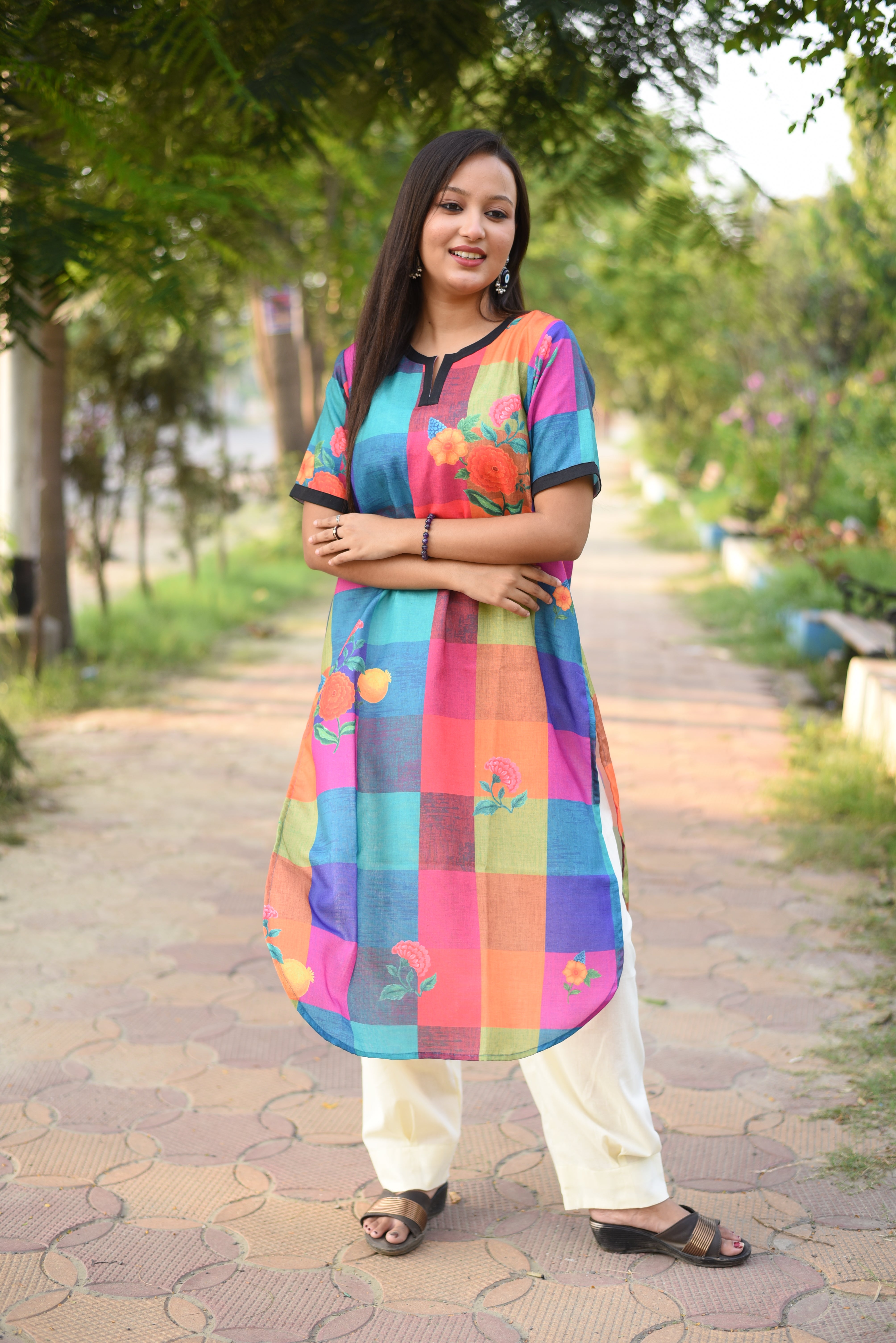 Multi Color Floral Print Cotton Kurta
