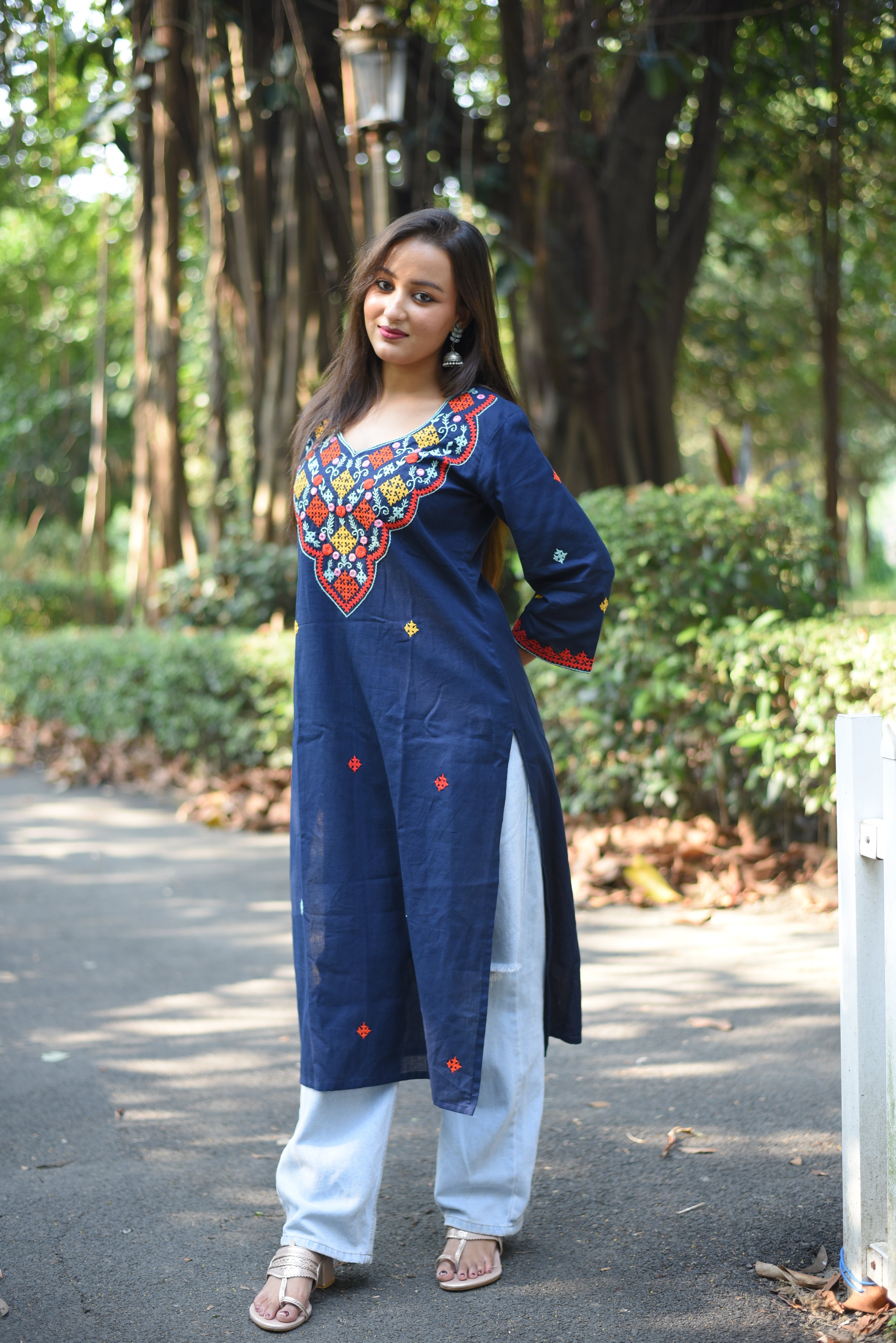 Mid Night Blue Kutch Embroidered Cotton Kurta