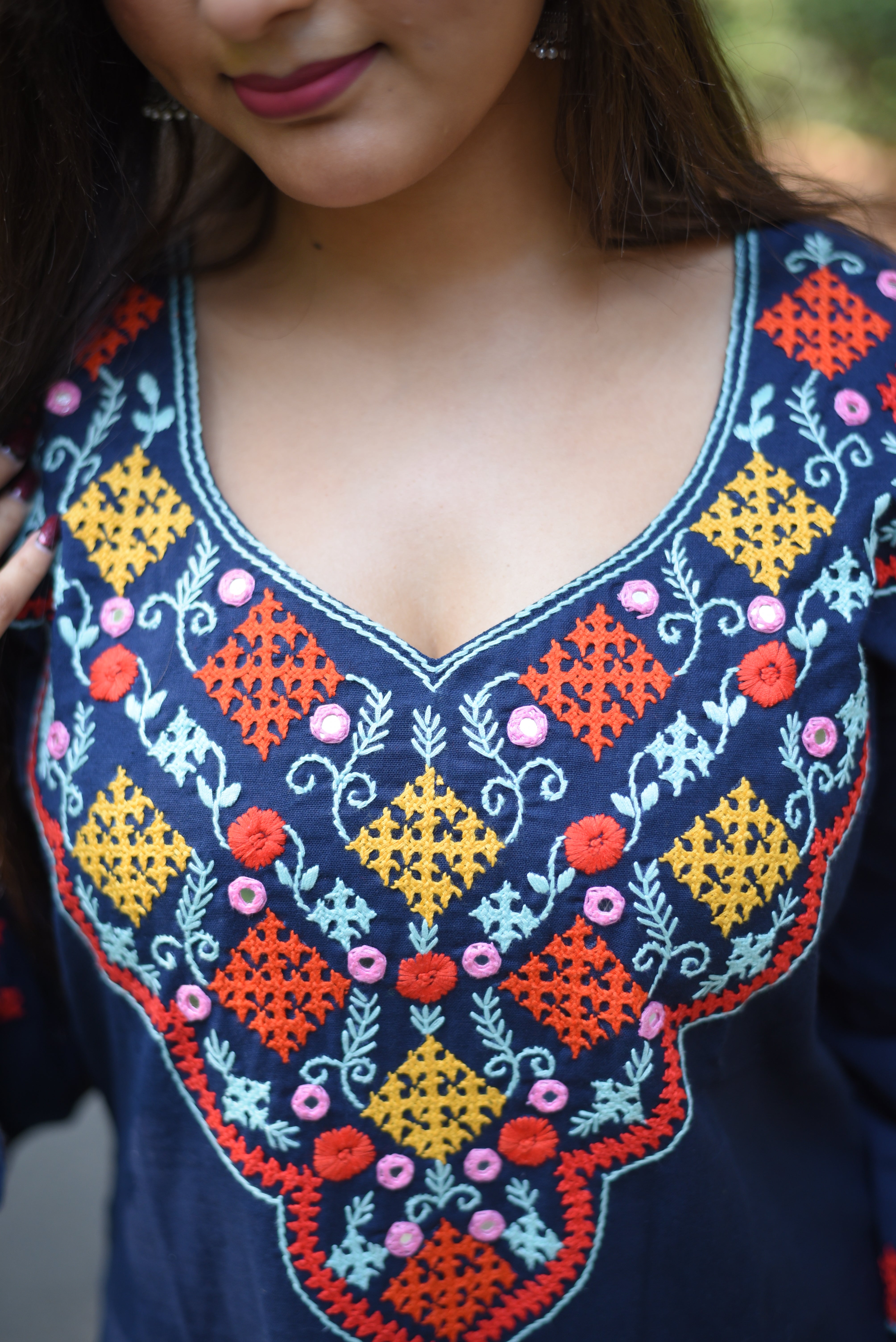 Mid Night Blue Kutch Embroidered Cotton Kurta