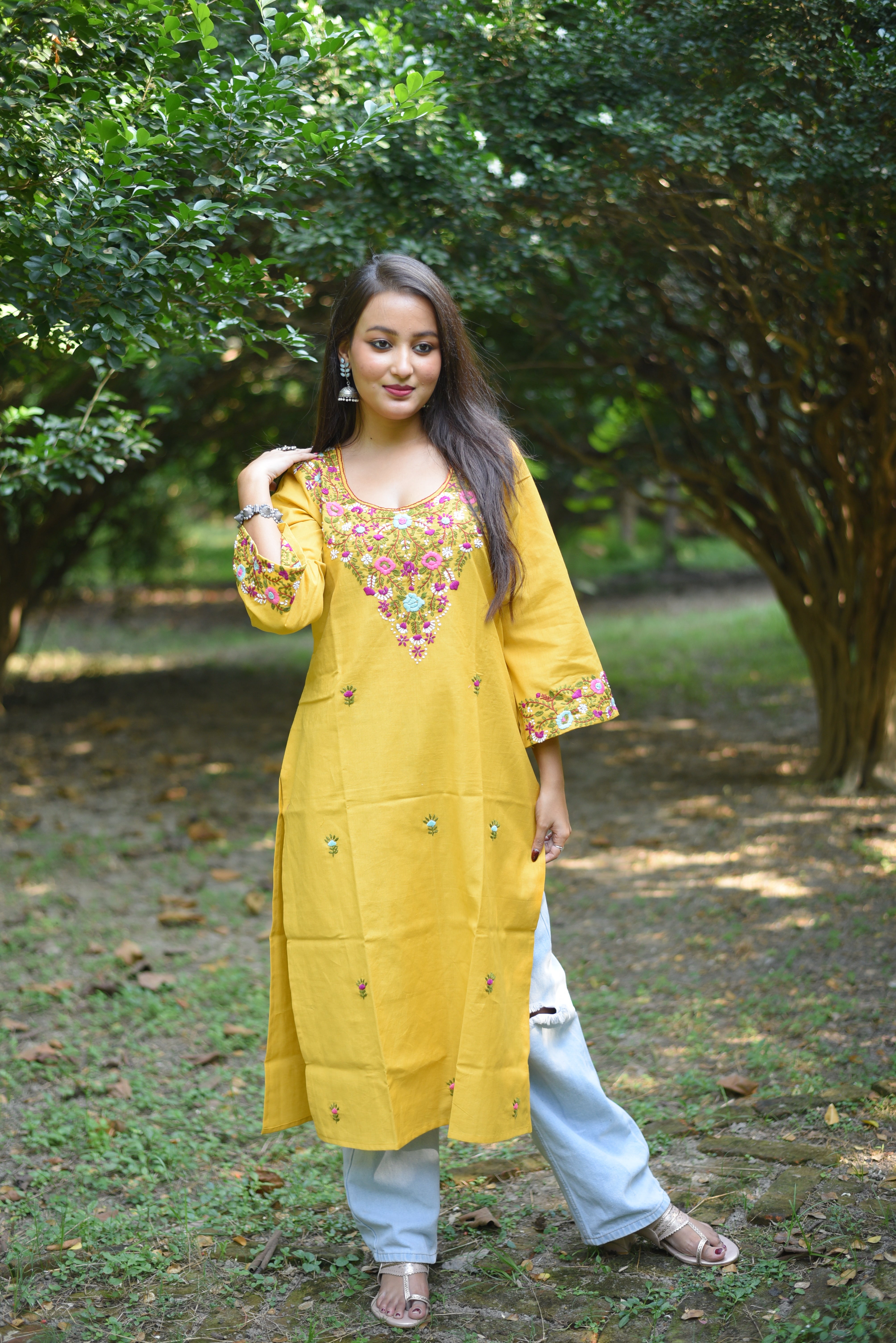 Yellow Color Cotton Hand Embroidered Kurta