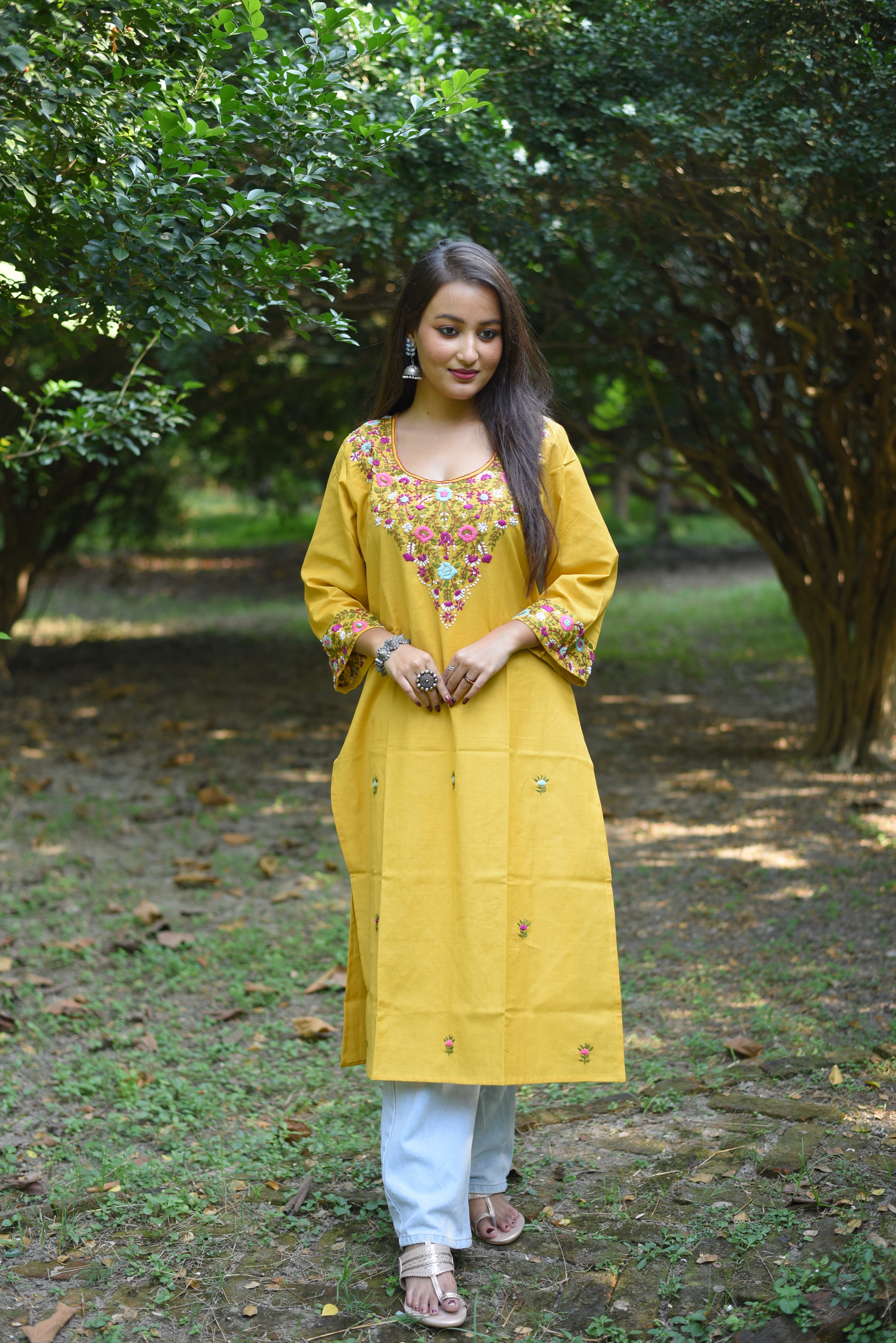 Yellow Color Cotton Hand Embroidered Kurta
