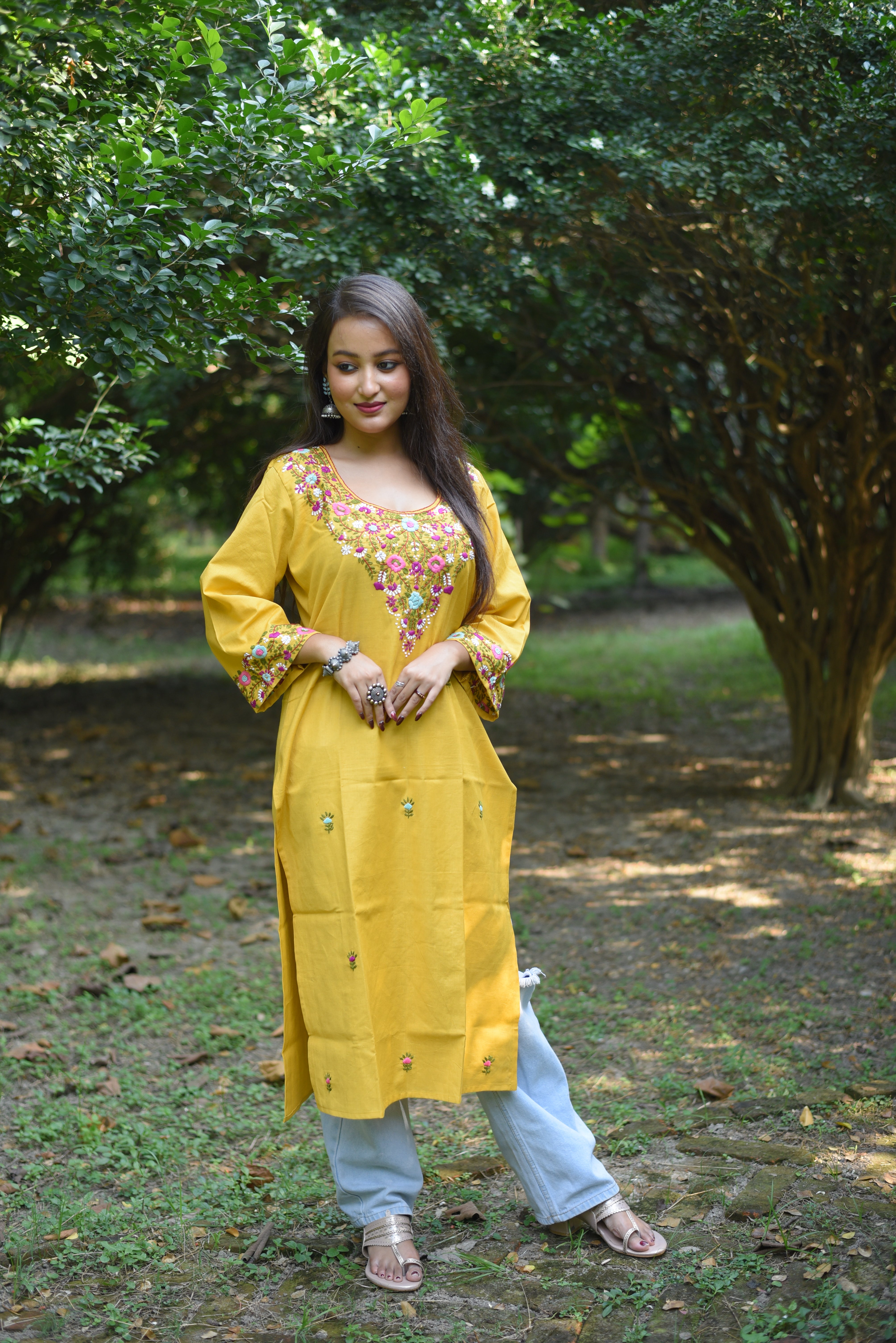 Yellow Color Cotton Hand Embroidered Kurta