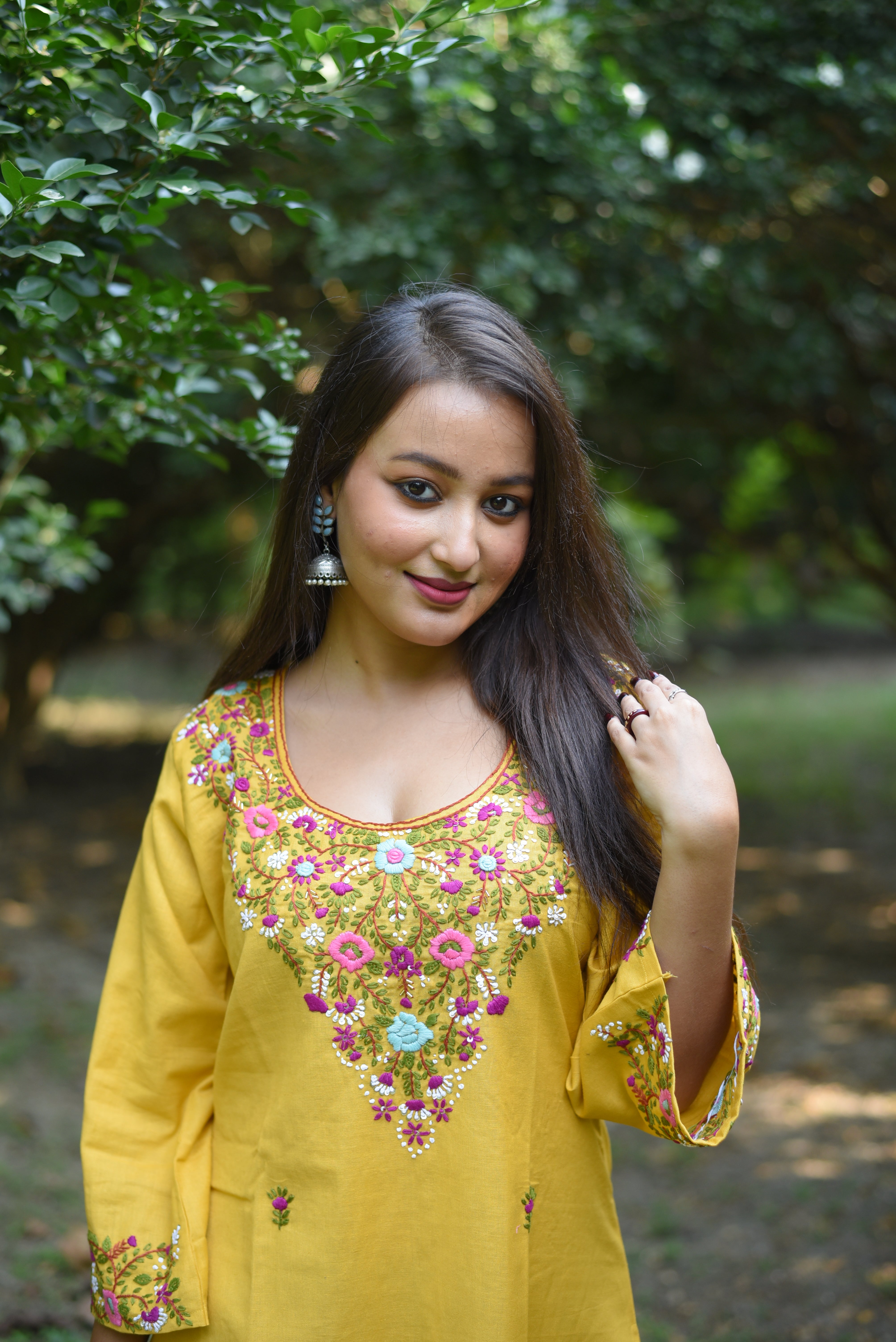 Yellow Color Cotton Hand Embroidered Kurta