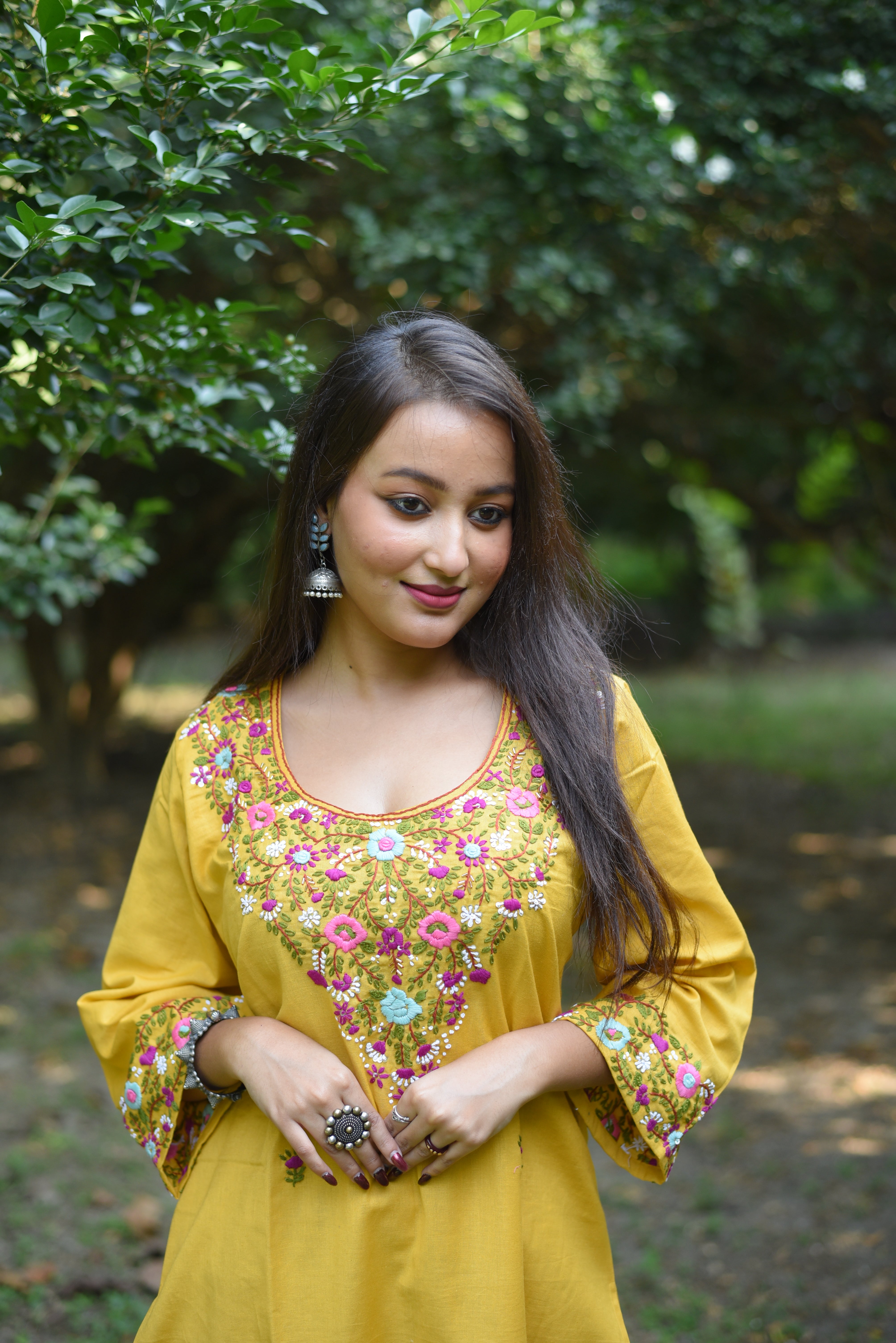 Yellow Color Cotton Hand Embroidered Kurta