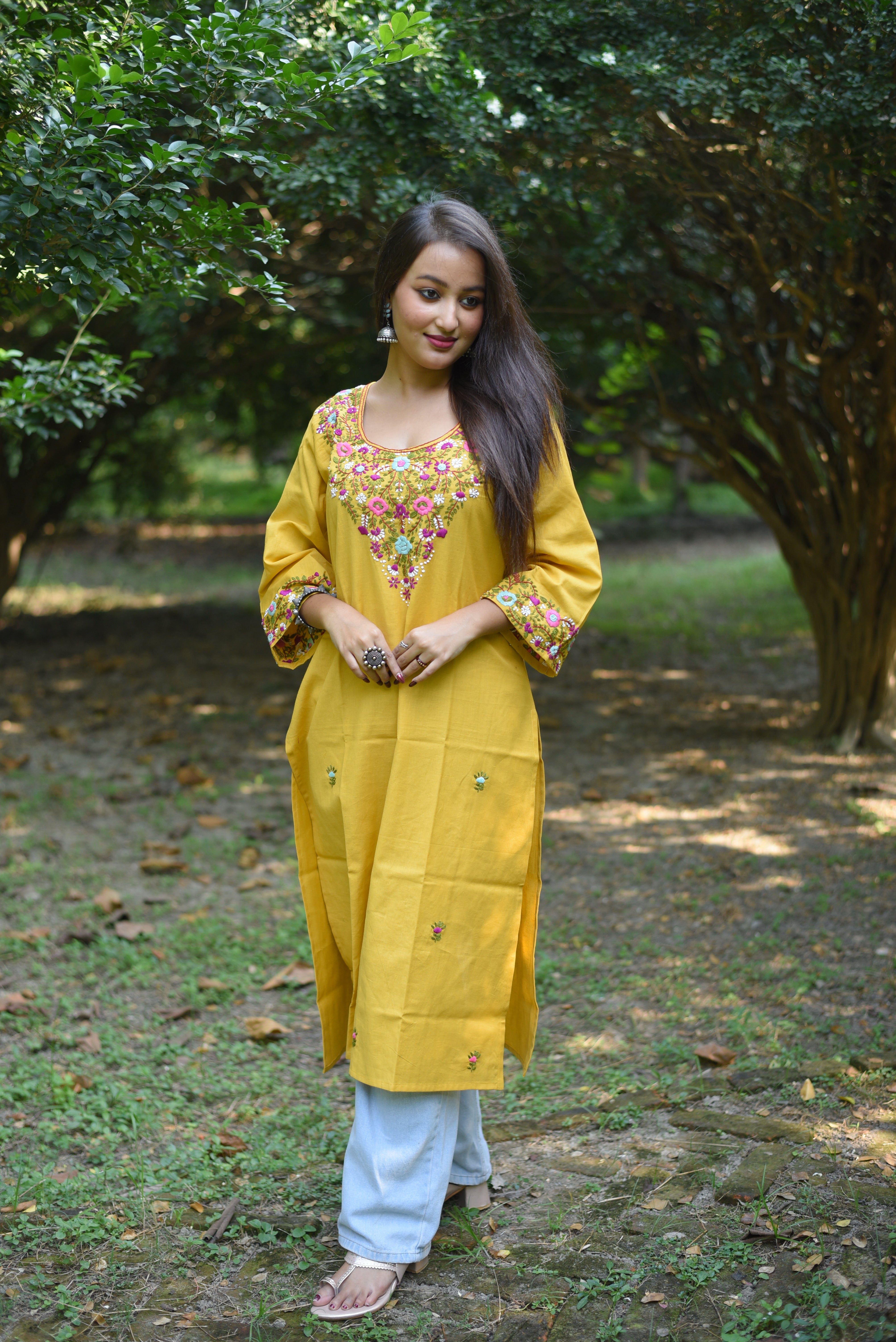 Yellow Color Cotton Hand Embroidered Kurta