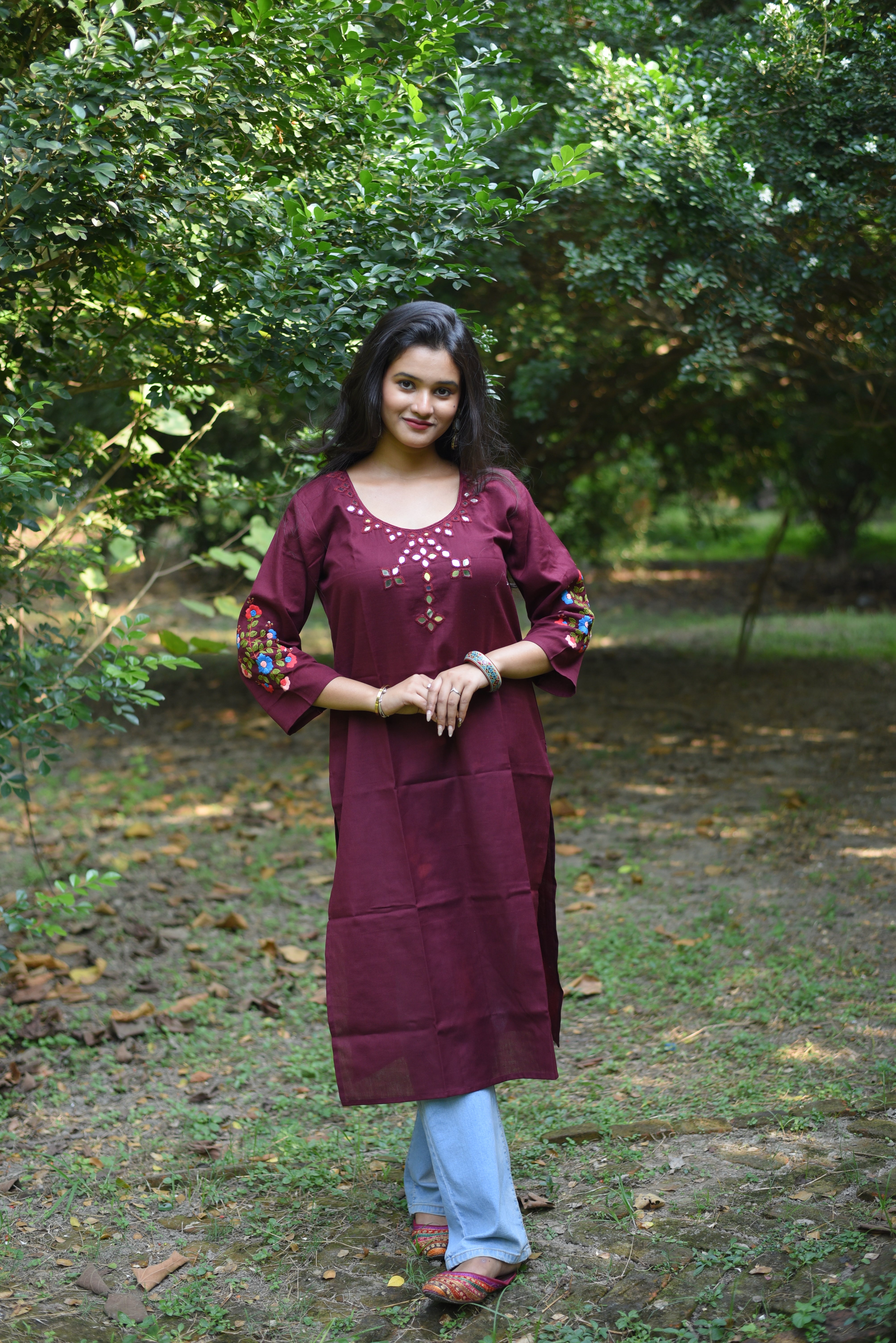 Maroon Color Mirror Work Hand Embroidery Cotton Kurta