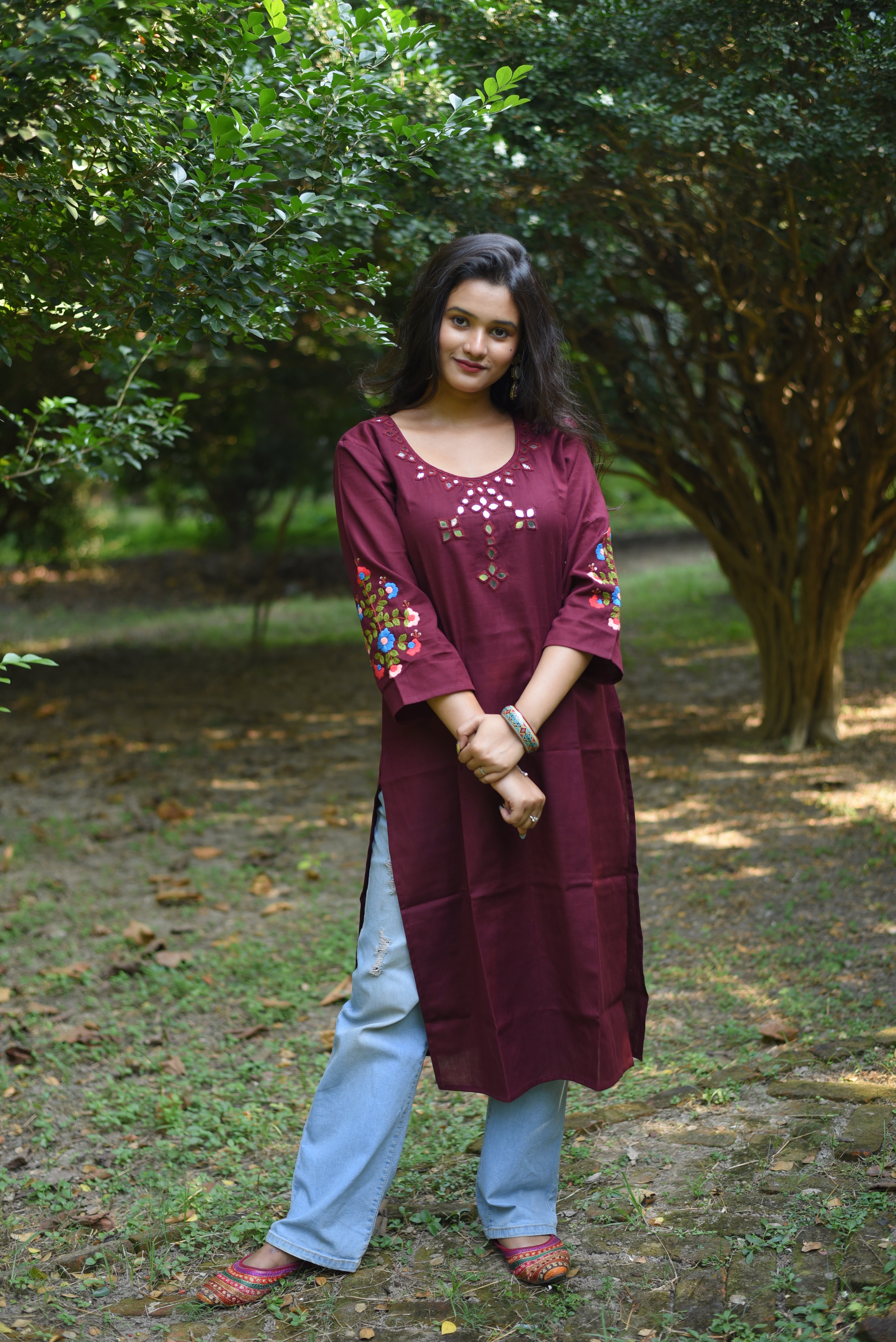 Maroon Color Mirror Work Hand Embroidery Cotton Kurta