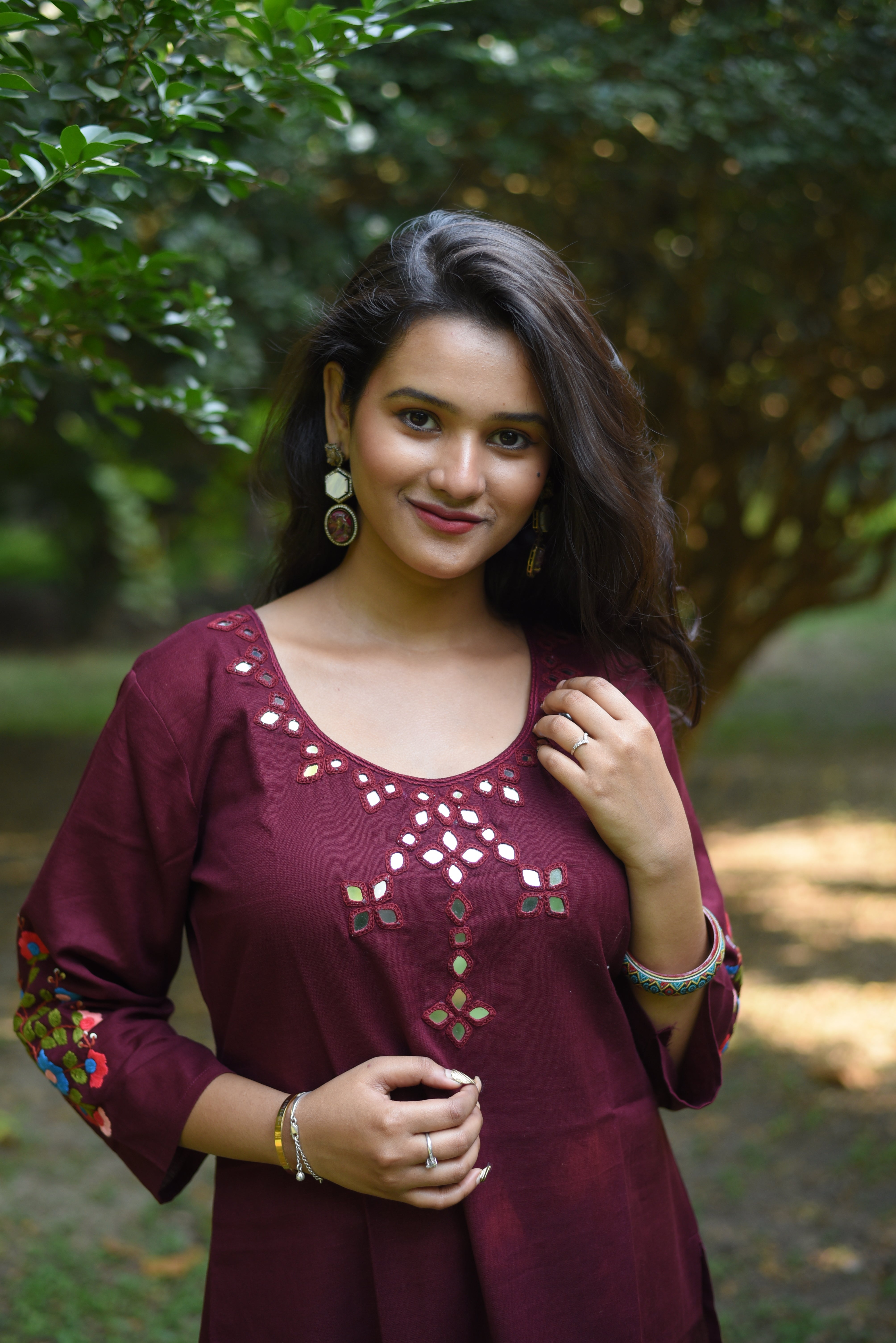 Maroon Color Mirror Work Hand Embroidery Cotton Kurta