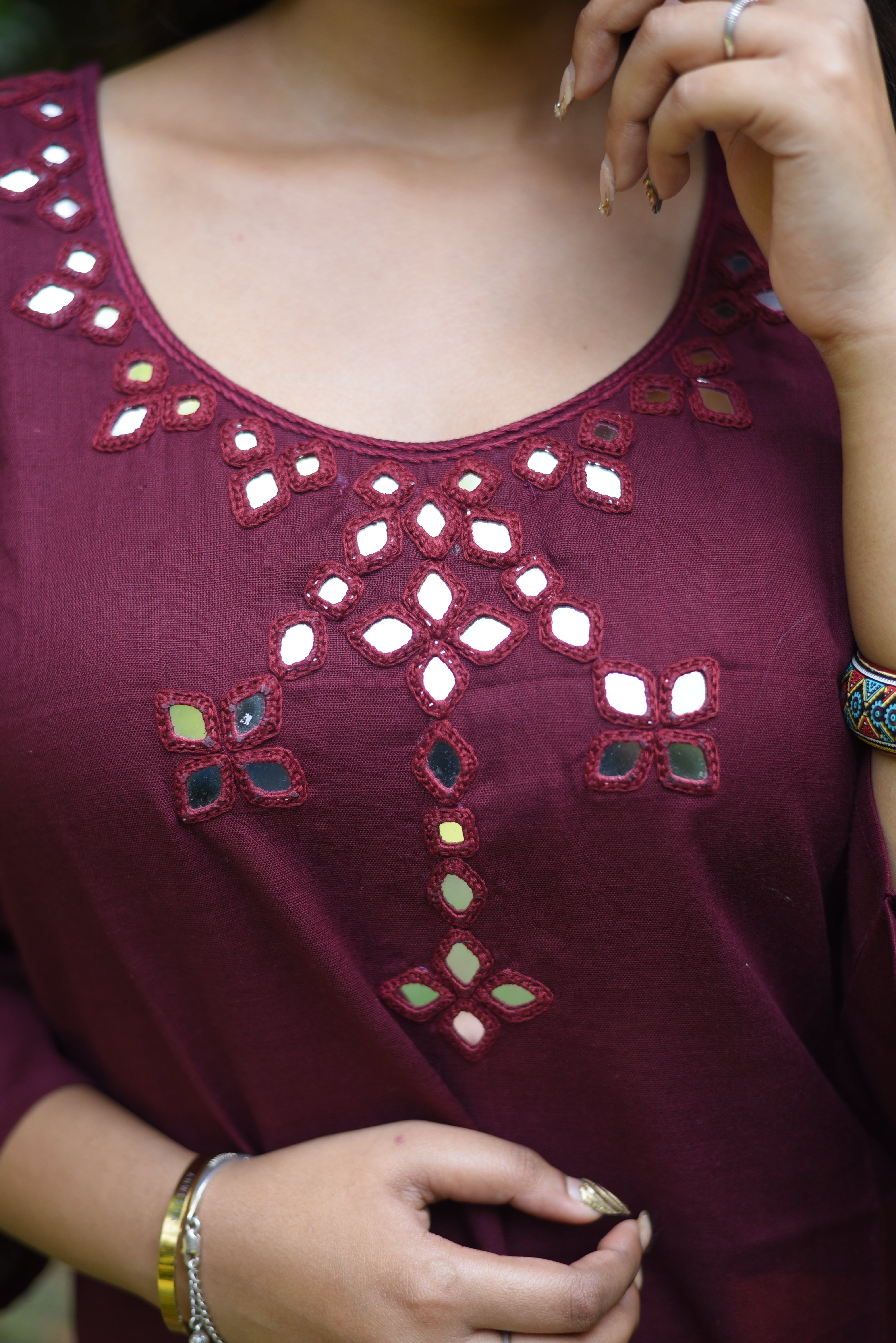 Maroon Color Mirror Work Hand Embroidery Cotton Kurta