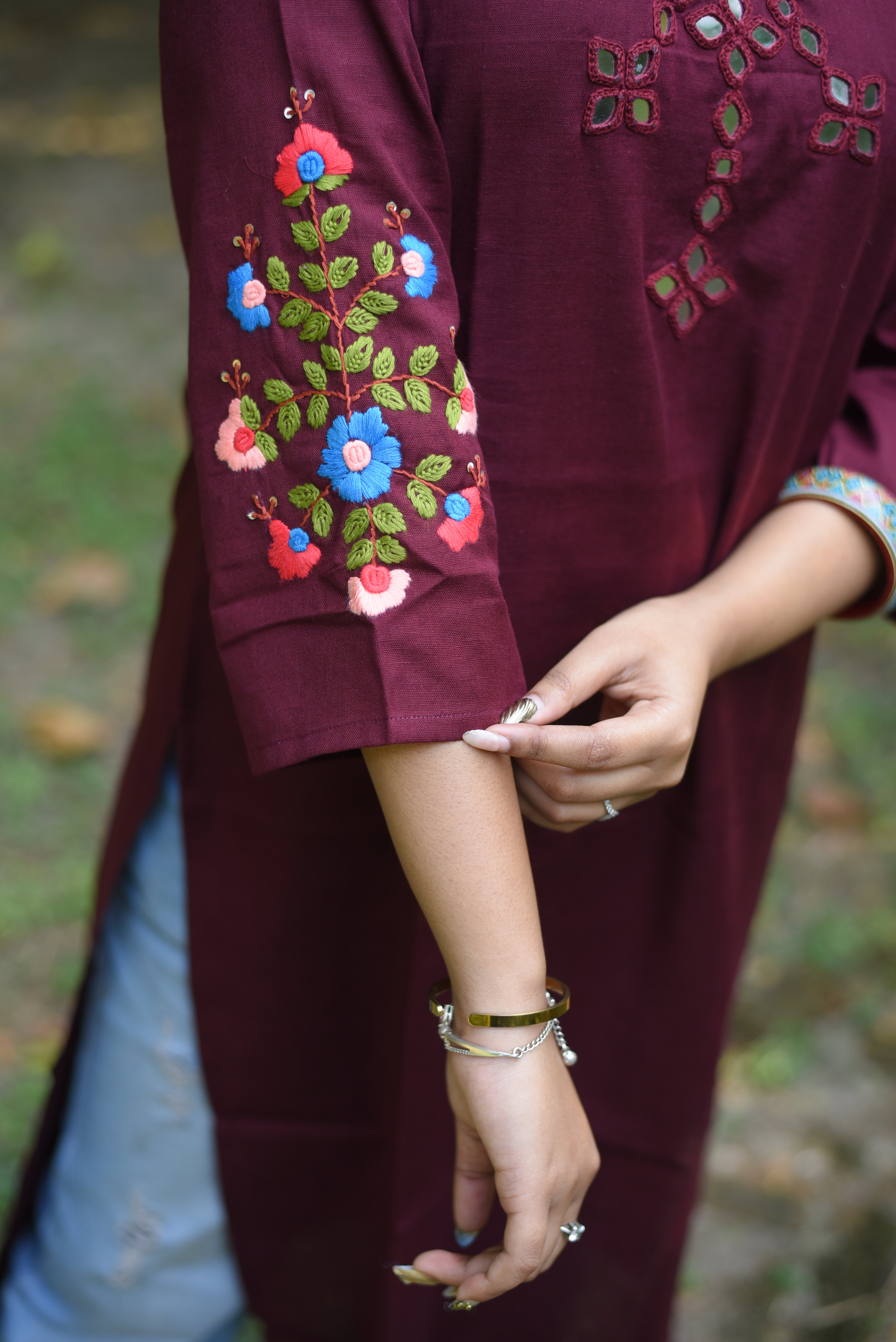Maroon Color Mirror Work Hand Embroidery Cotton Kurta